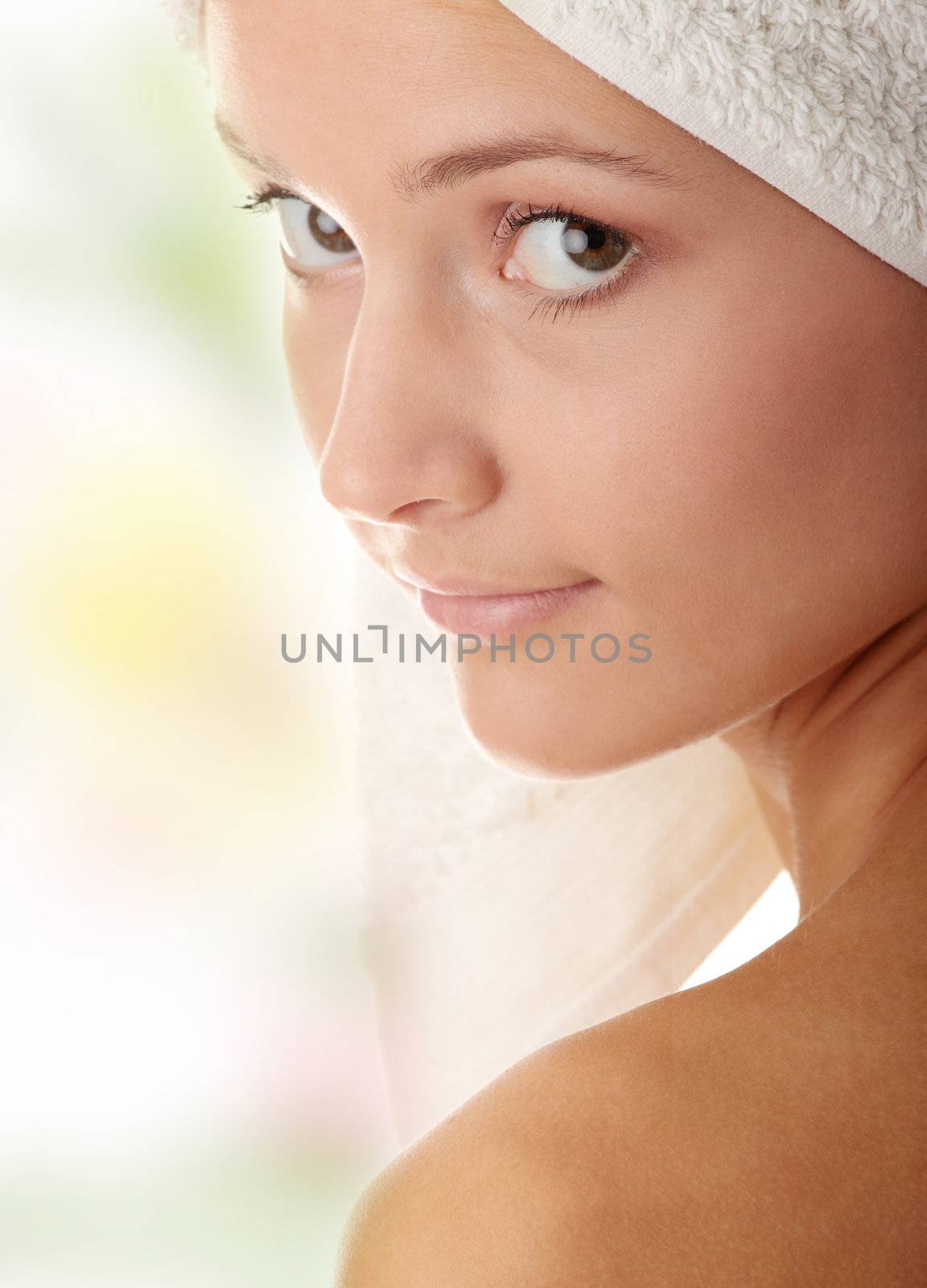 Relax concept: beautiful nude woman with soft skin in bathrob