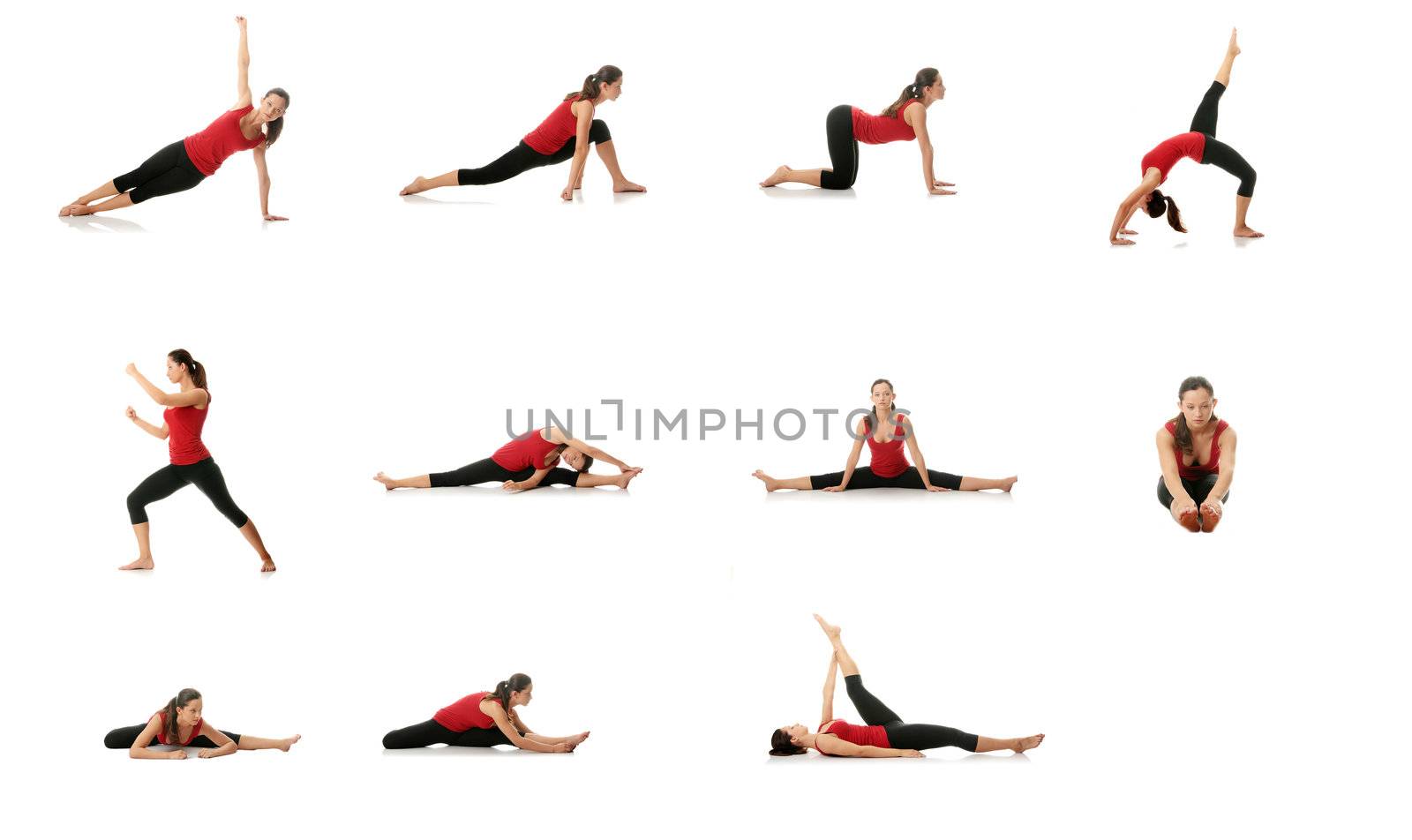 Set of young woman doing exercise, isolated on white