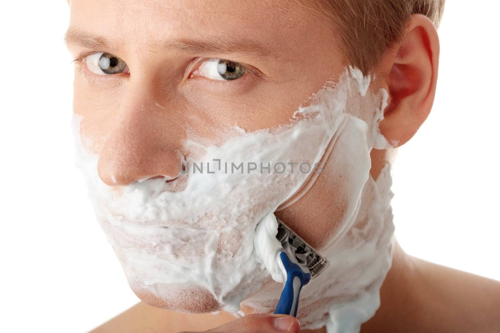 Man shaving isolated on white background