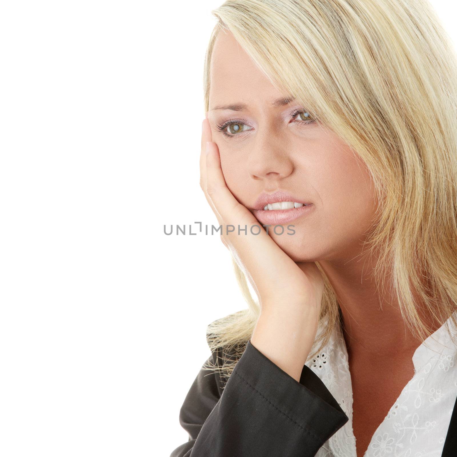 Photo of depressed female being worried by problems in business