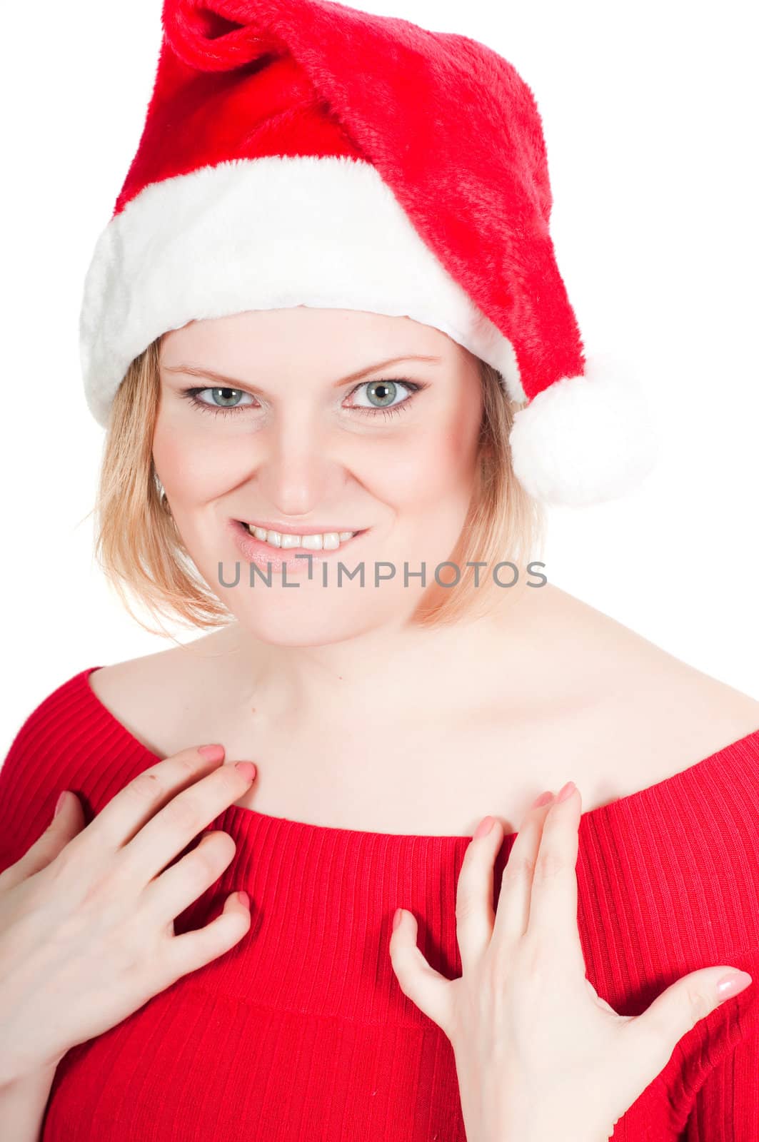 Portrait of beautiful woman santa isolated on white