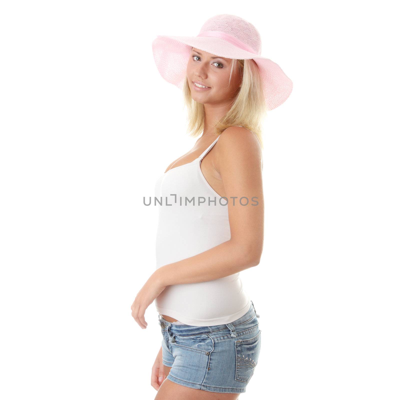 Young woman wearing a pink straw hat by BDS