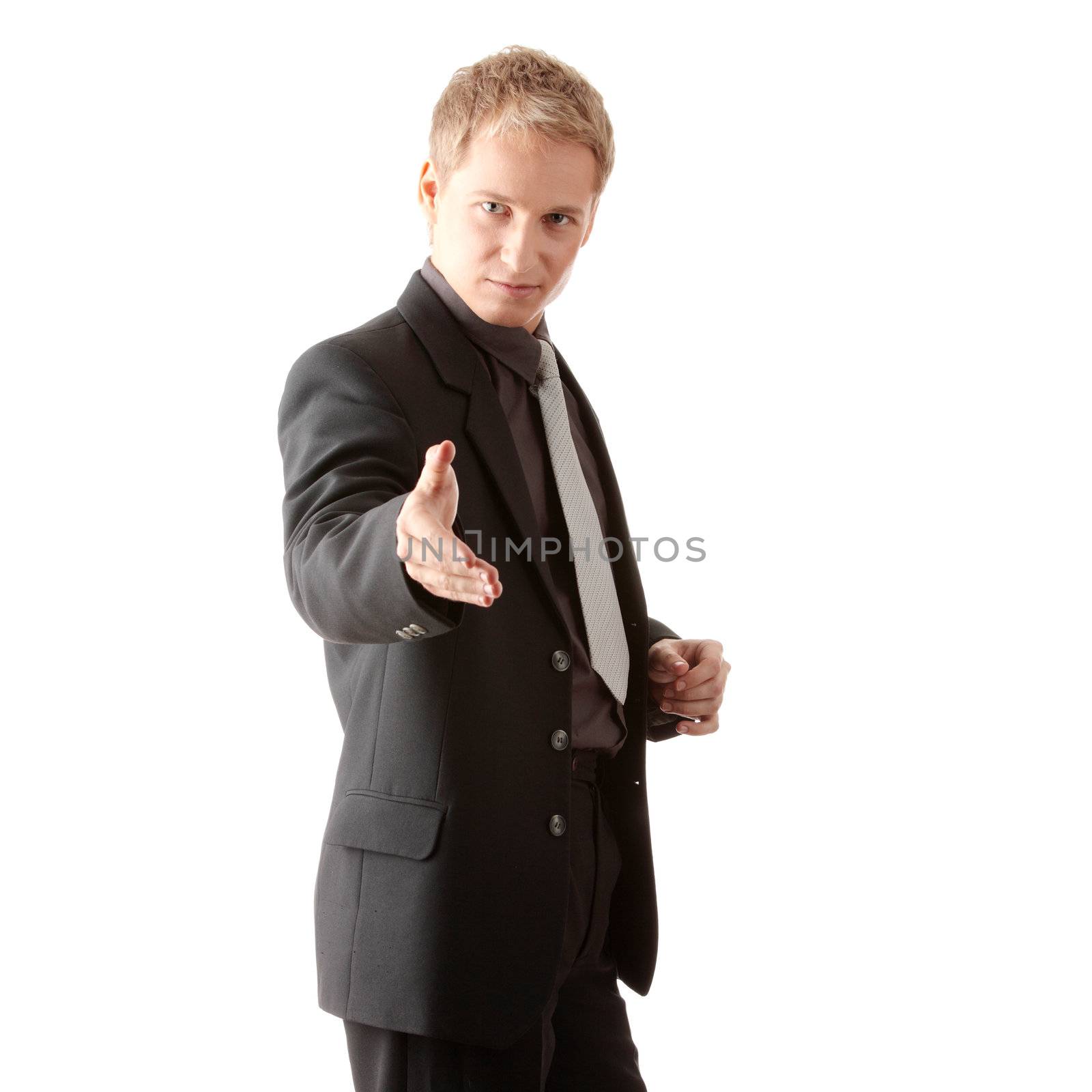 Business man ready to set a deal over white background