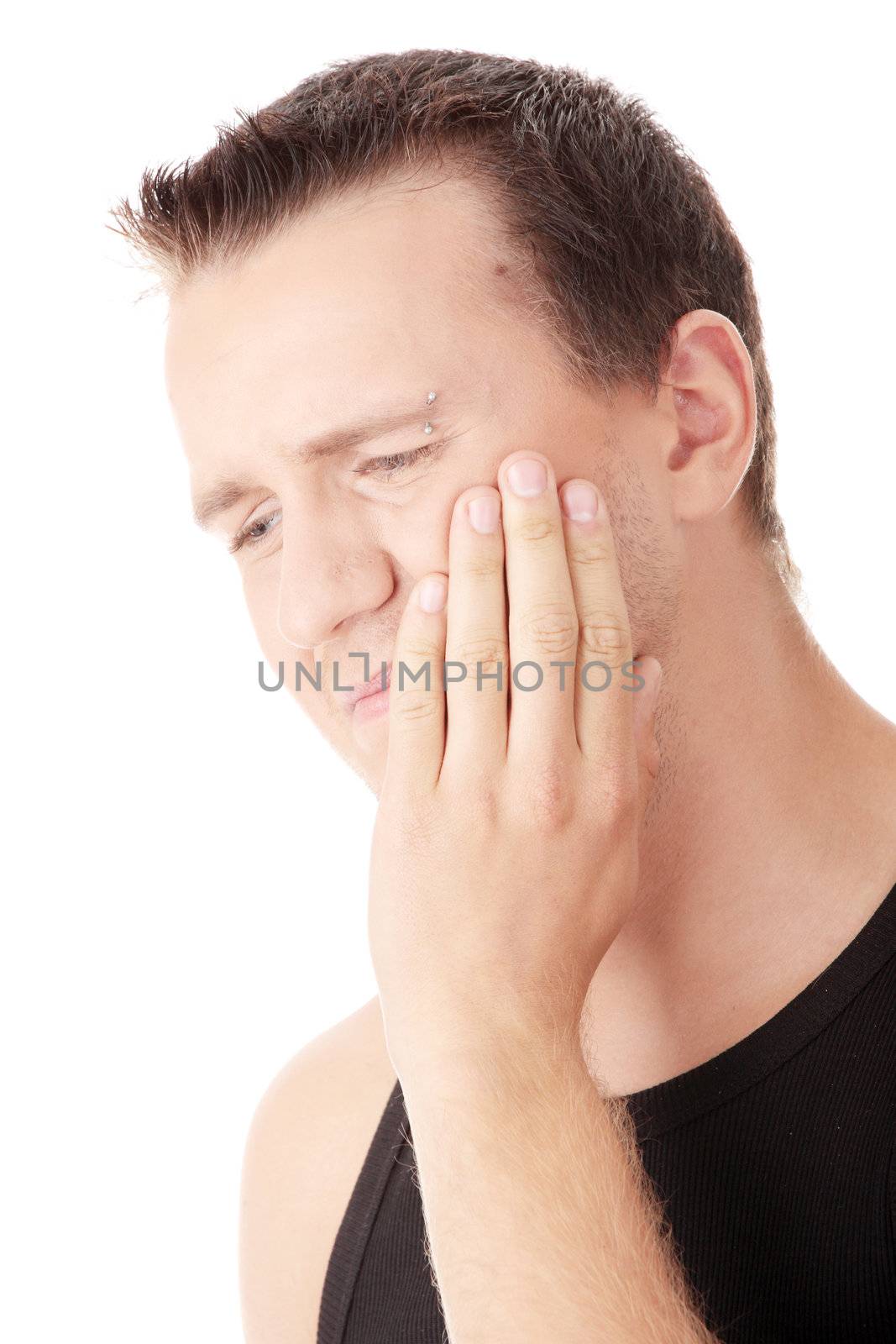 Man with pain expression isolated on white