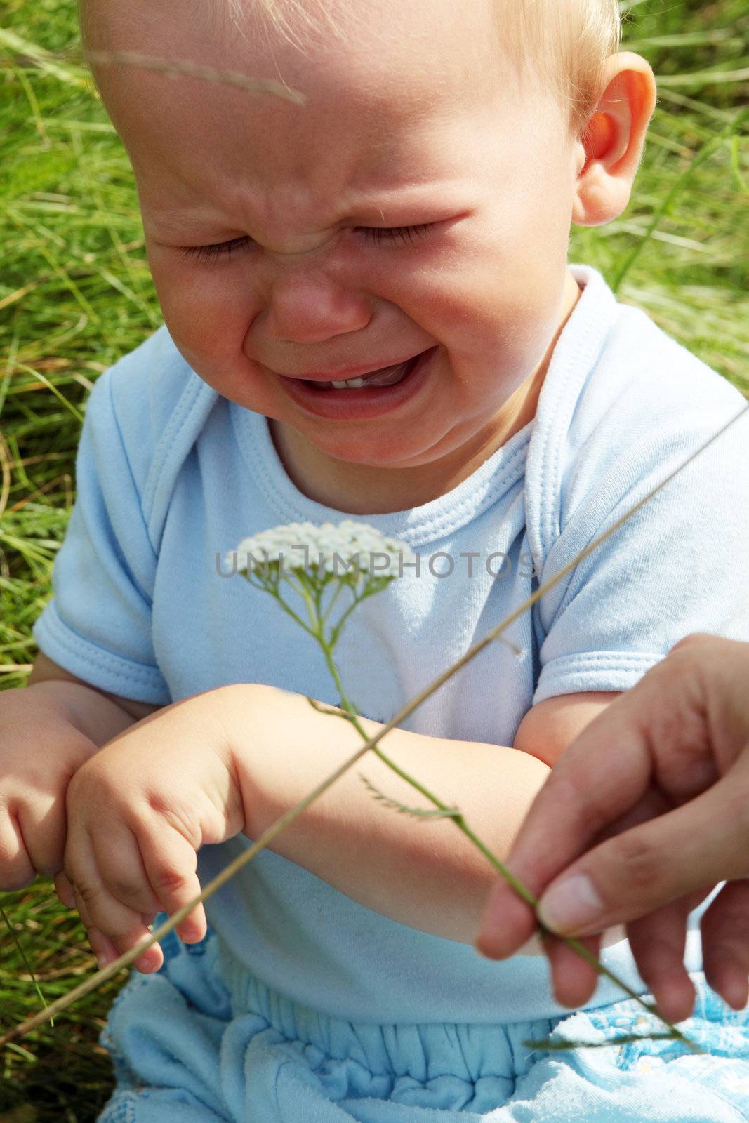 Crying baby boy outdoors at sunny summer day