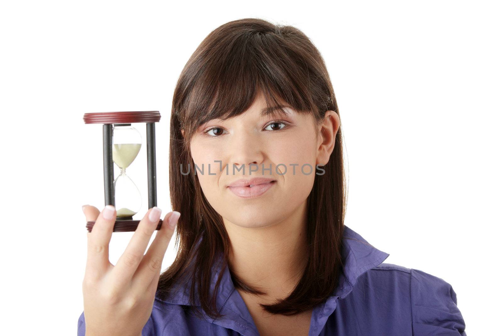 Young business woman with hourglass - time concept
