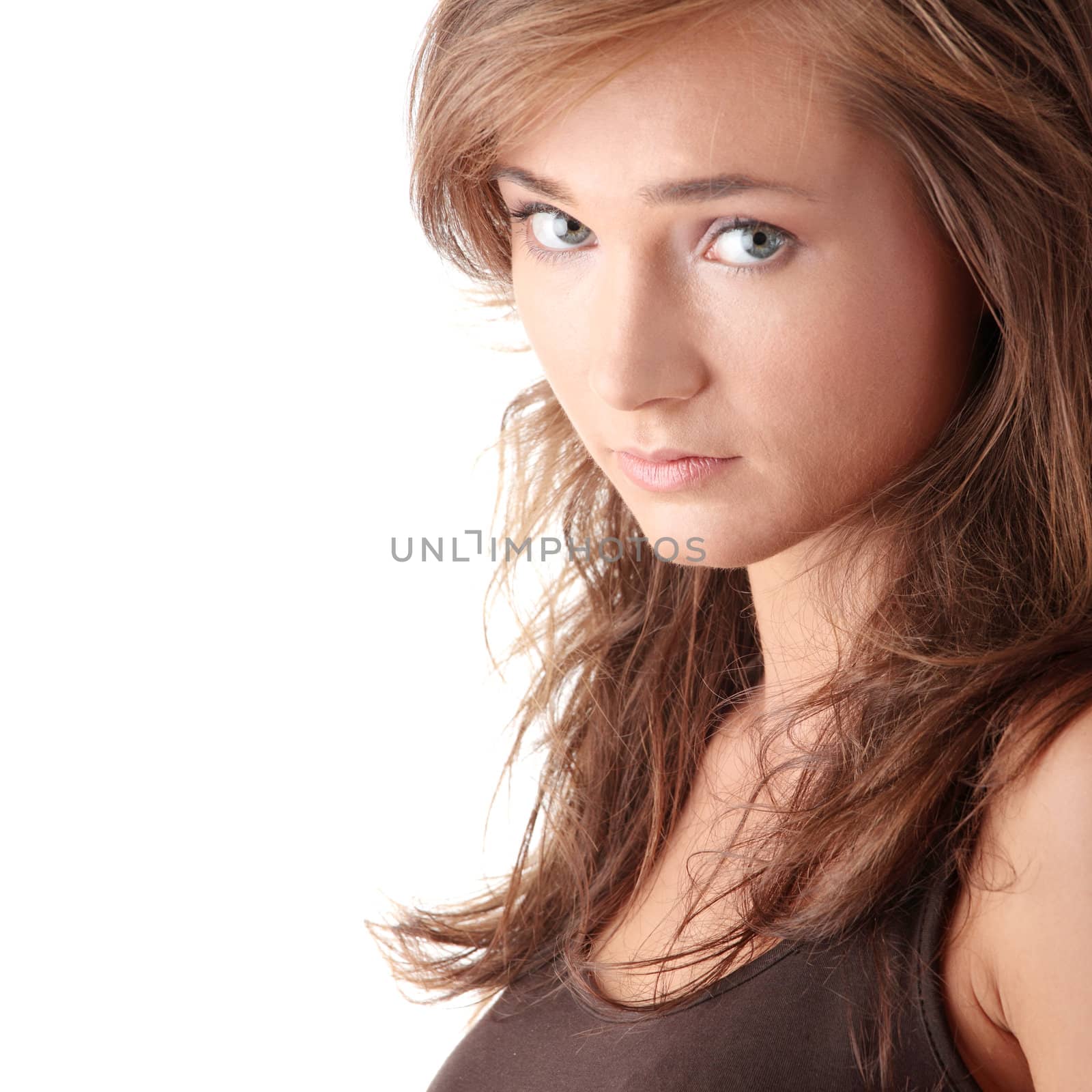 Young caucasian woman portrait, over white background