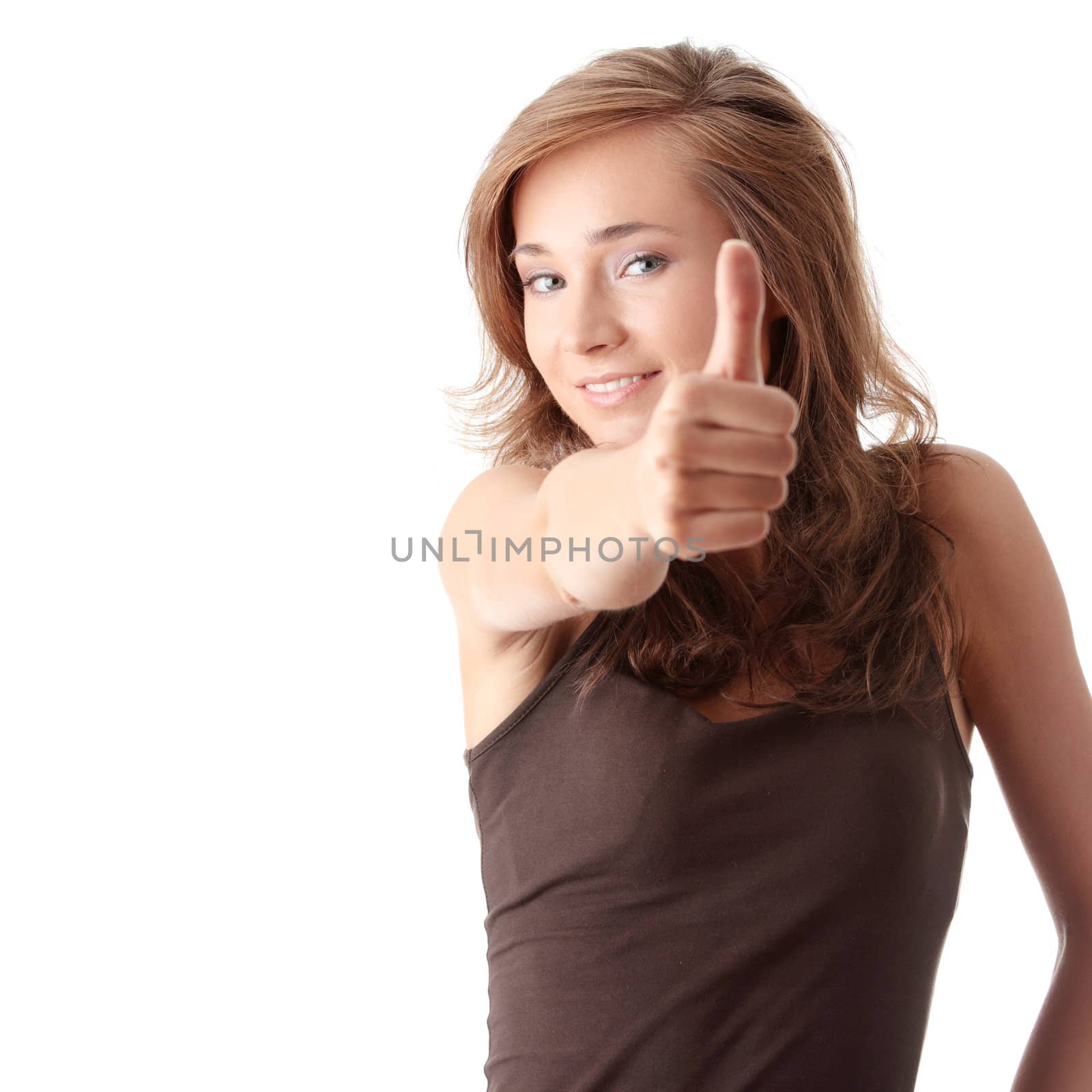 Bright picture of lovely woman with thumbs up,isolated on white