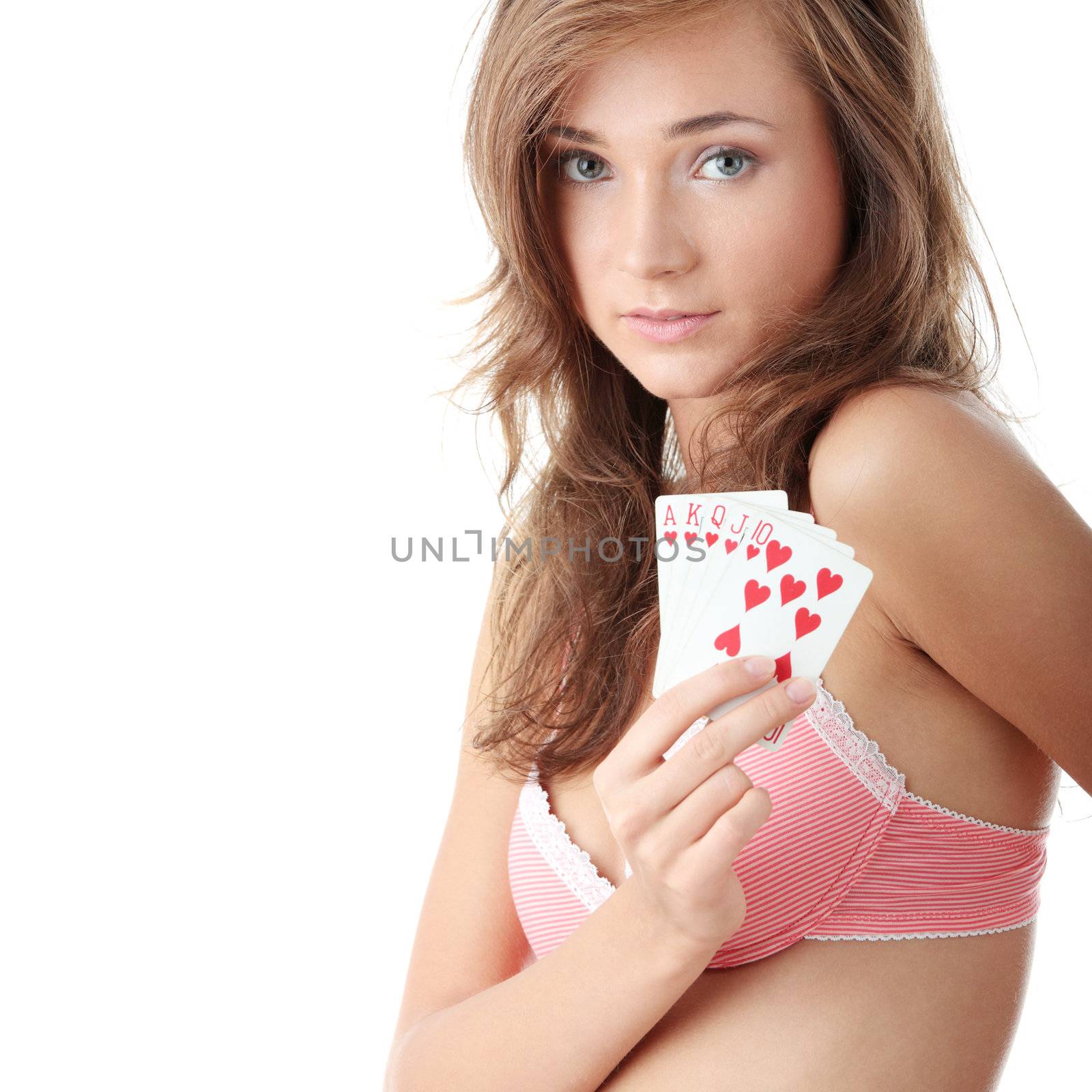 Sexy lady with poker combination over white background