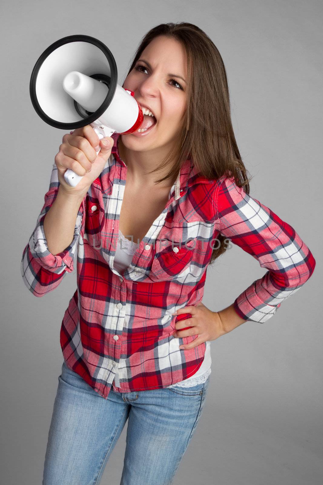 Beautiful megaphone bullhorn woman yelling