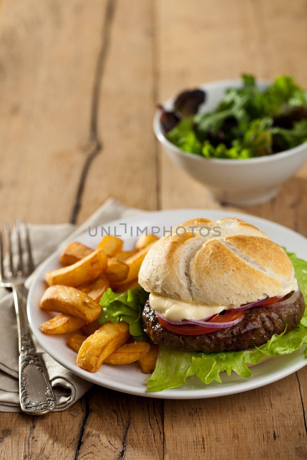 Hamburger with mayonaise, onionrings, salad and fries