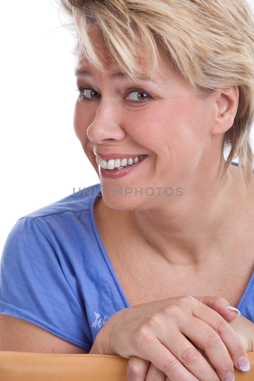 Happy mature woman on white background