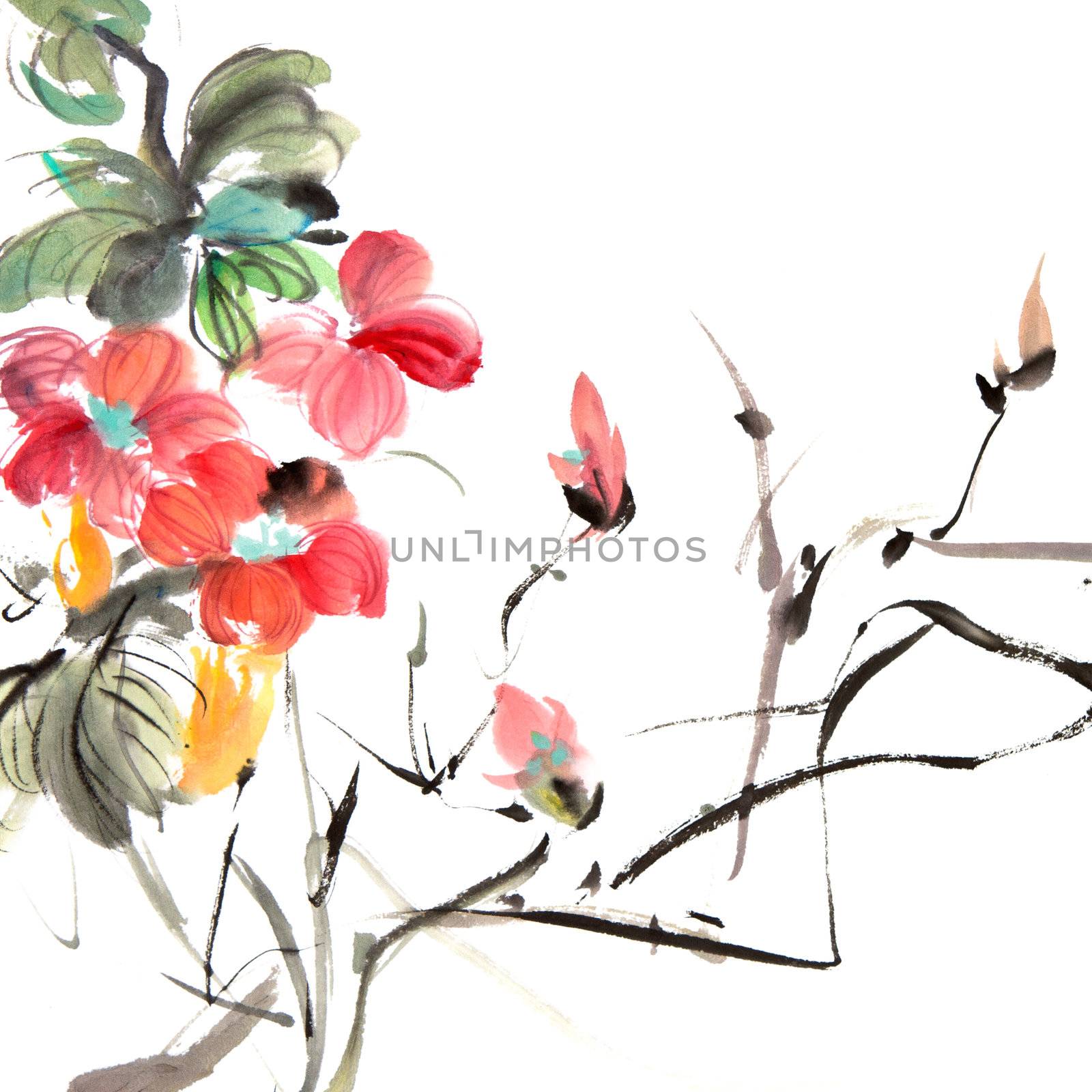 Chinese traditional painting of ink artwork with colorful flowers on white art paper.