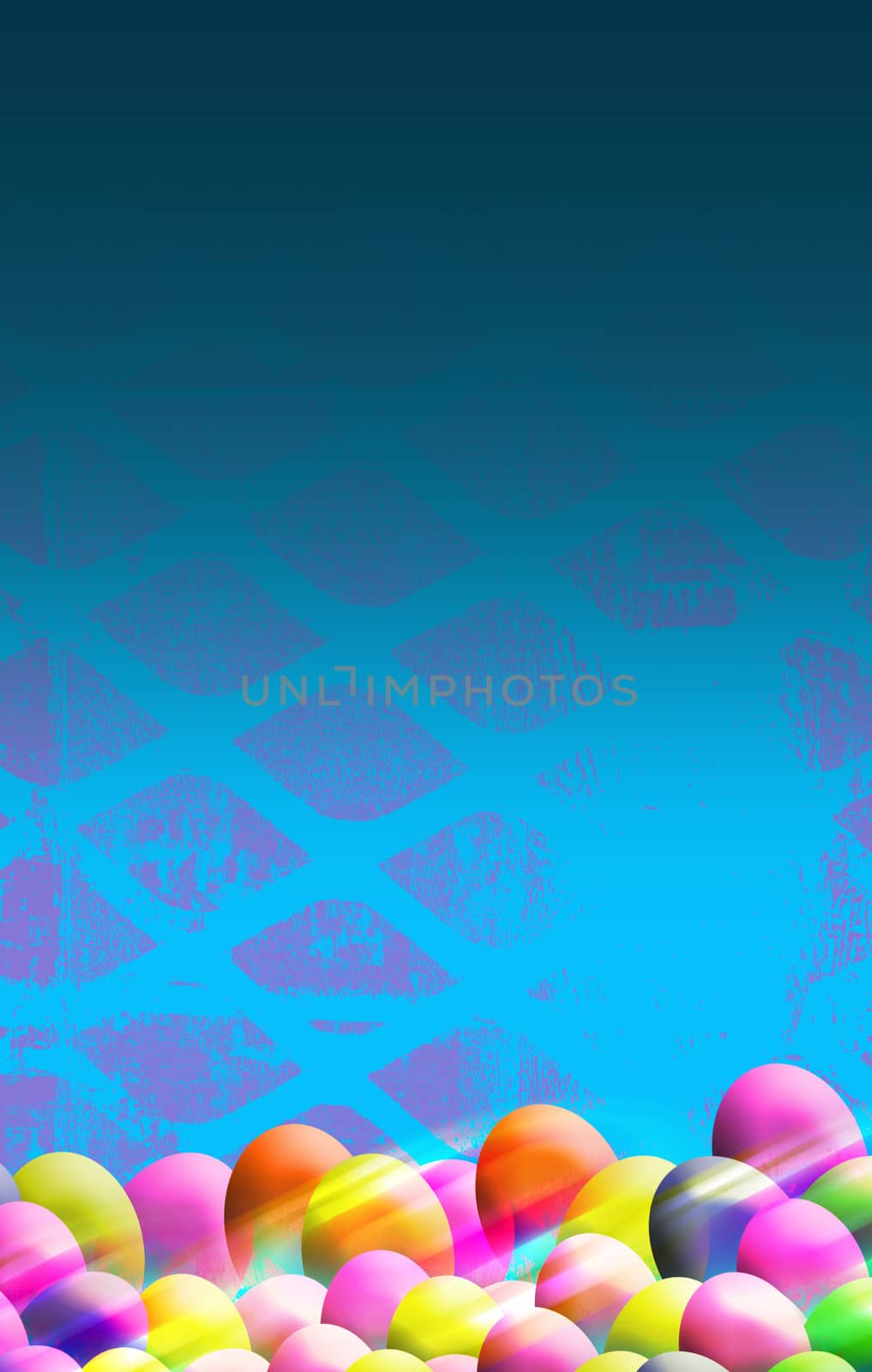 A portrait format poster image or background with an easter theme on blue with colored easter eggs at the base of the image and an abstract pattern to the base.