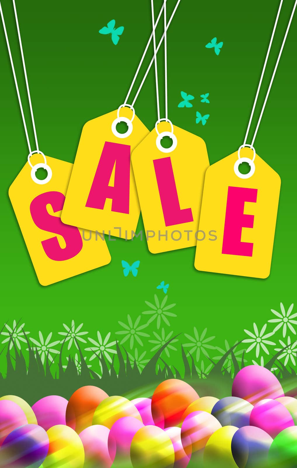 A portrait format sale poster with an easter theme. Sale tags hang down over colourful easter eggs on a green background.