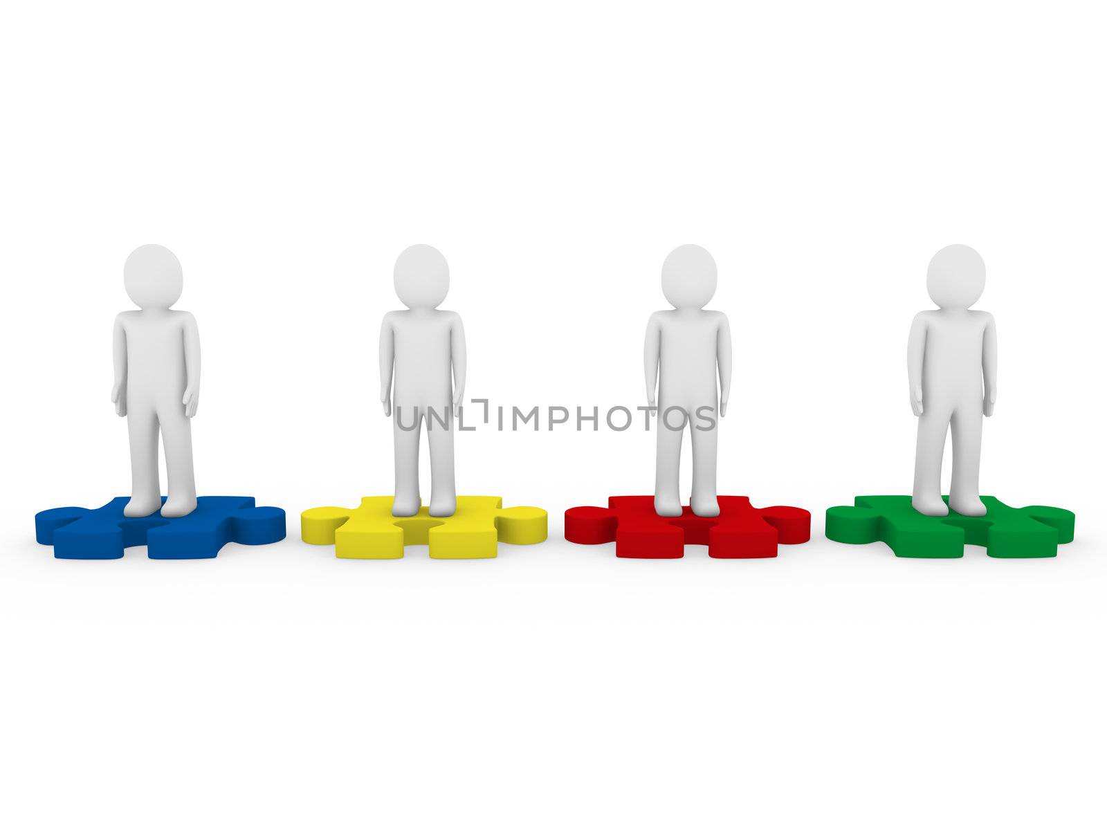 3d men puzzle teamwork red blue green yellow