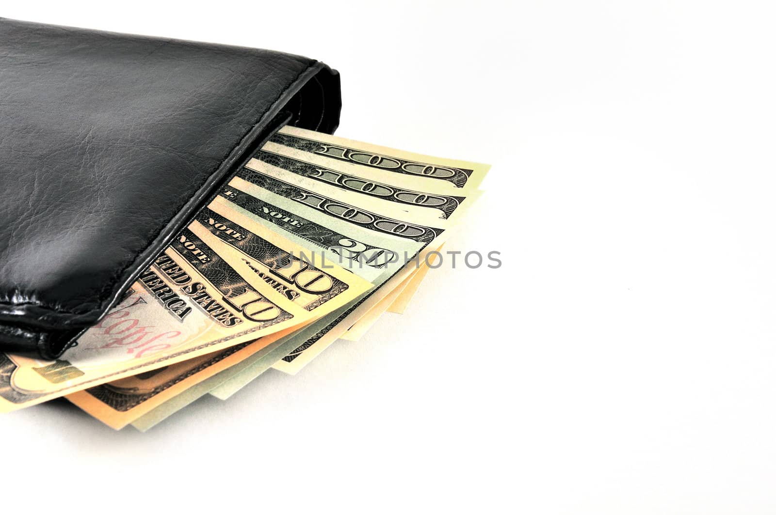 Black leather wallet with money isolated on white background 