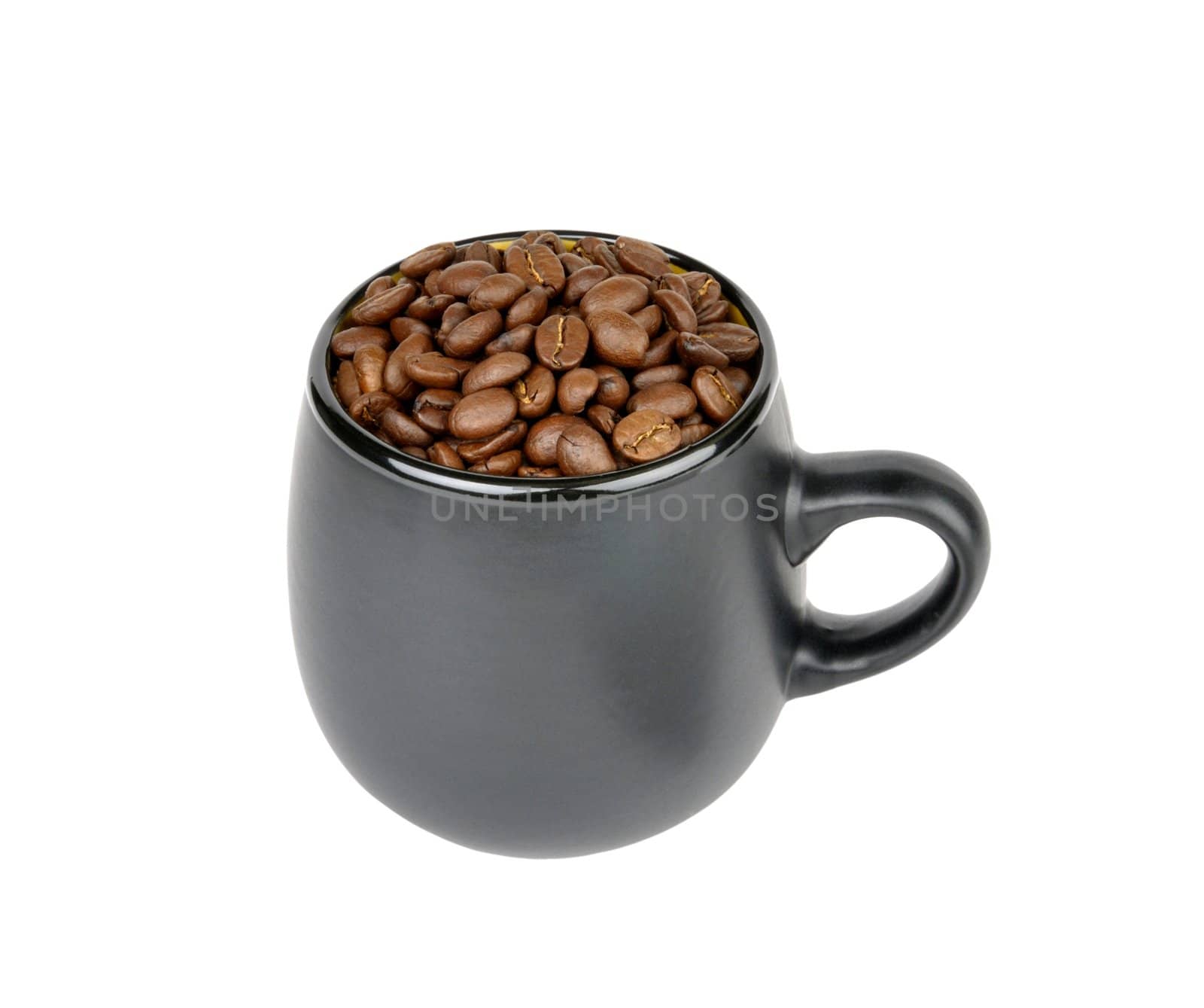 mug with coffee beans , isolated on white