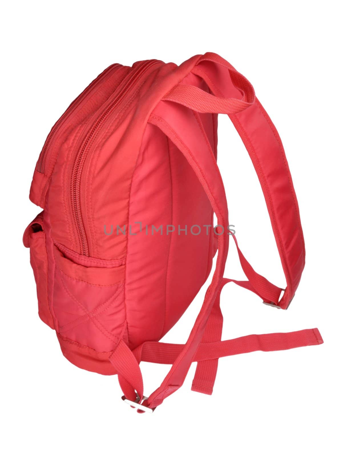 little red school backpack on a white background