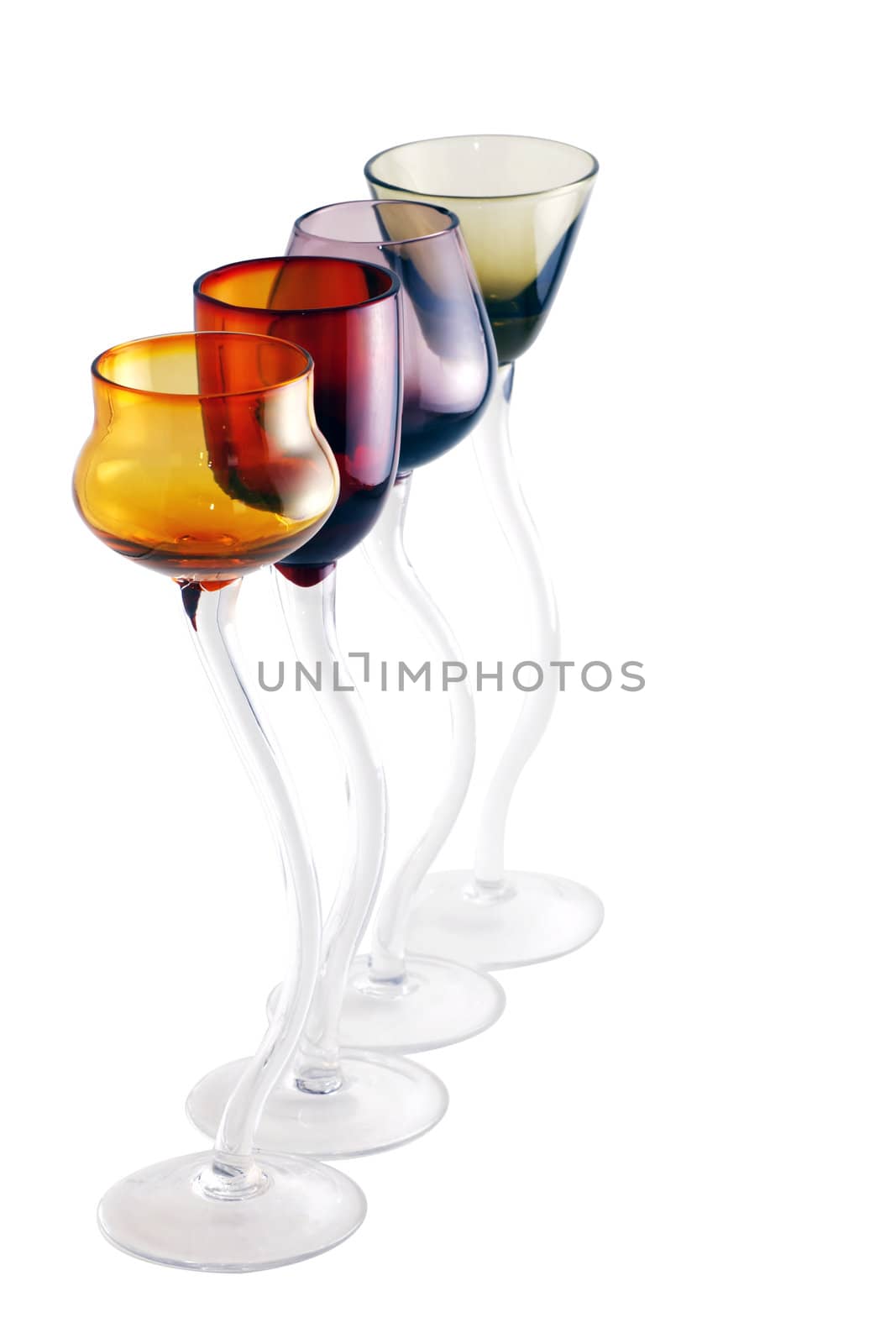 Sexy colored cocktail glasses isolated on white.