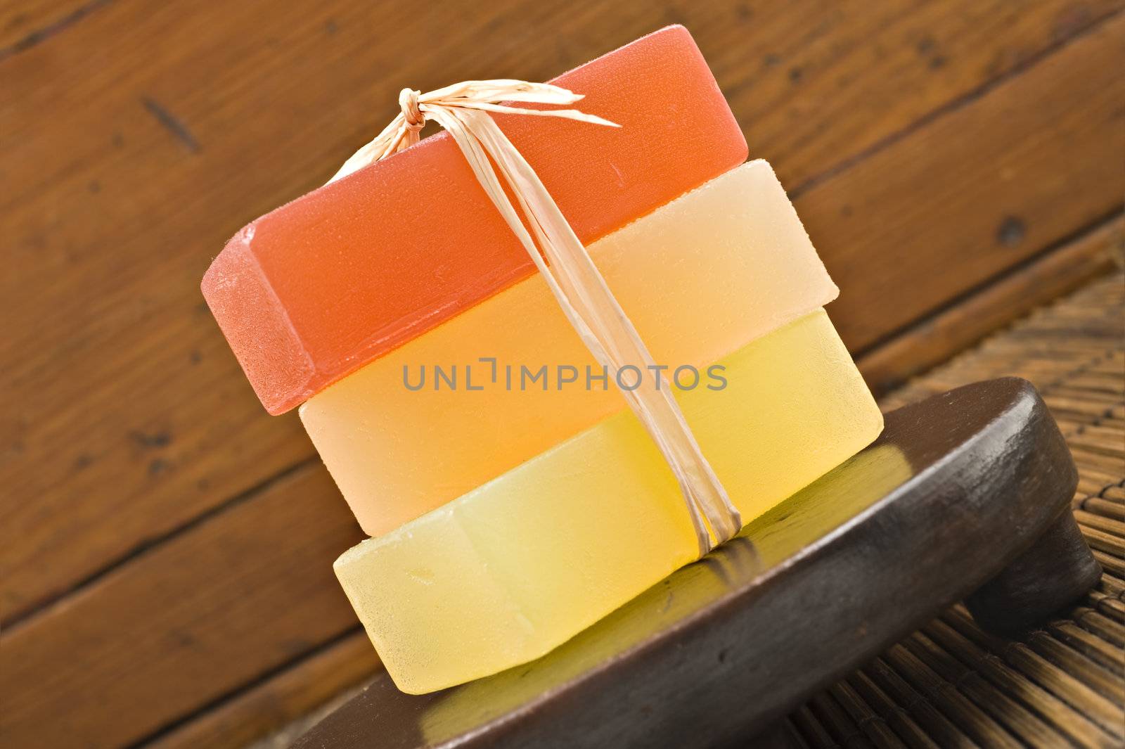 Three bars of organic glycerin soap in a spa.