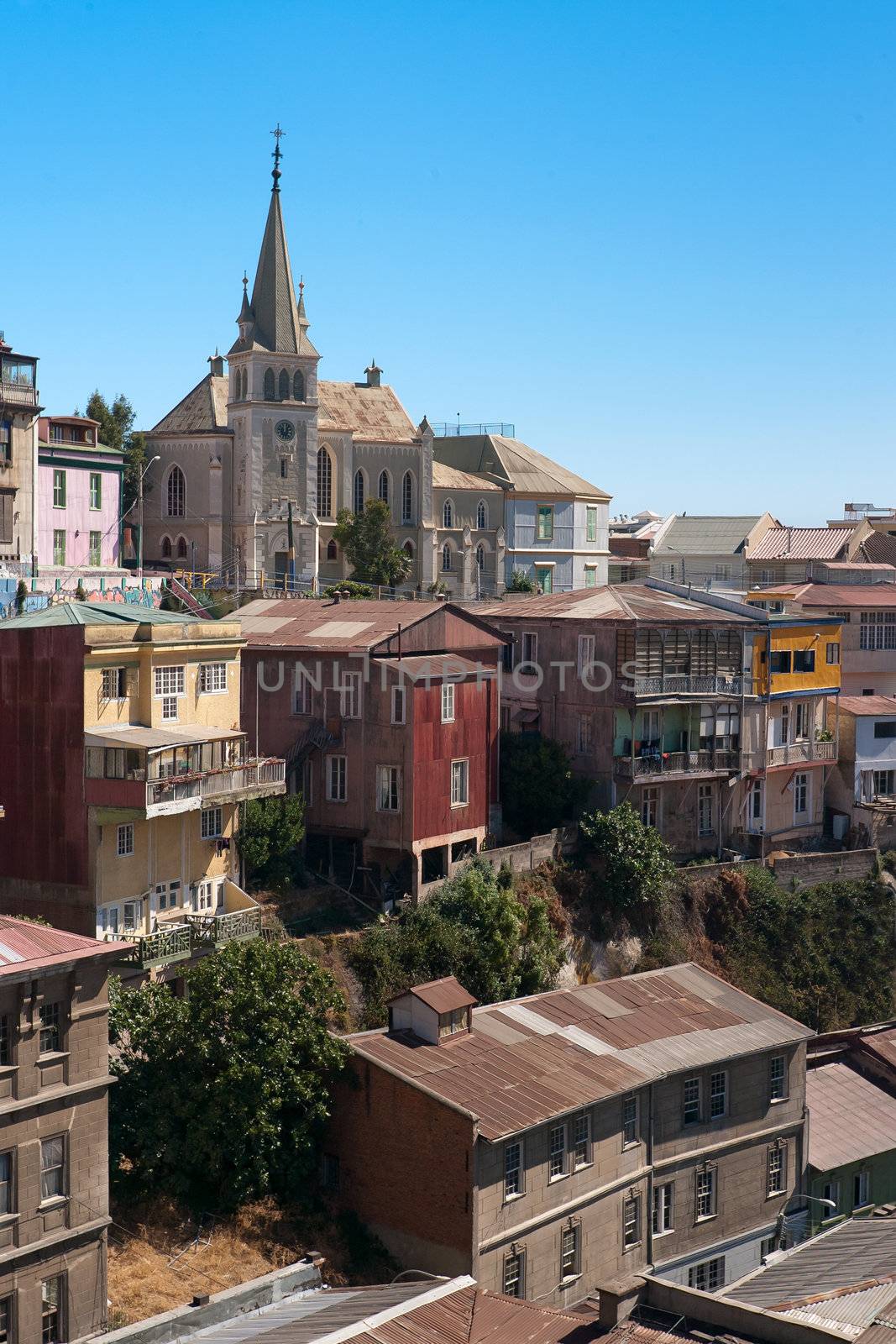 Viewed on Cerro Concepcion, Valparaiso historic World Heritage of UNESCO, with Pacific Ocean in background