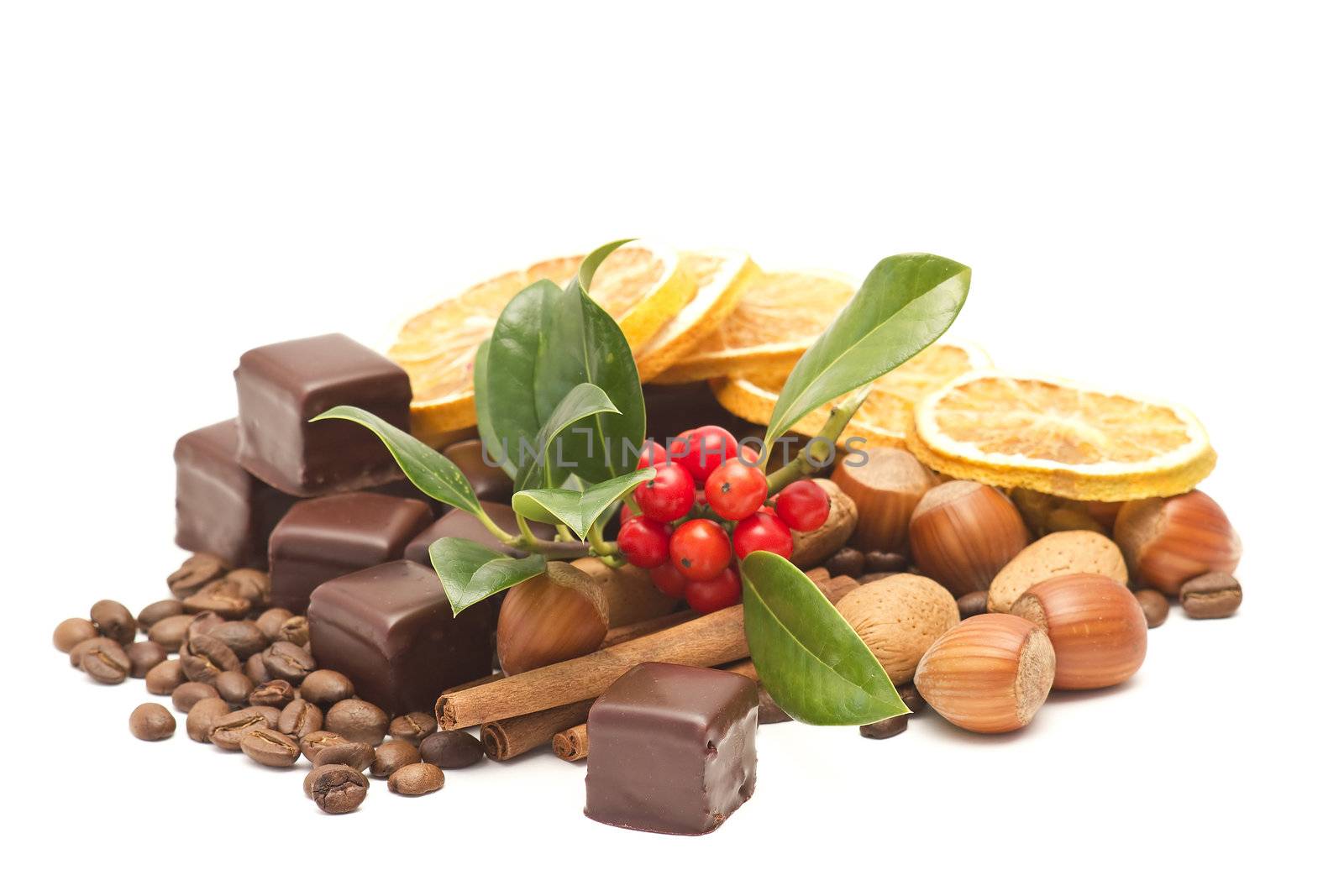 chocolate, coffee beans, cinnamon, nuts and orange