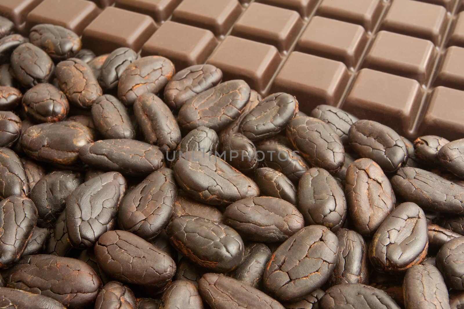 Bar of chocolate, and cocoa beans