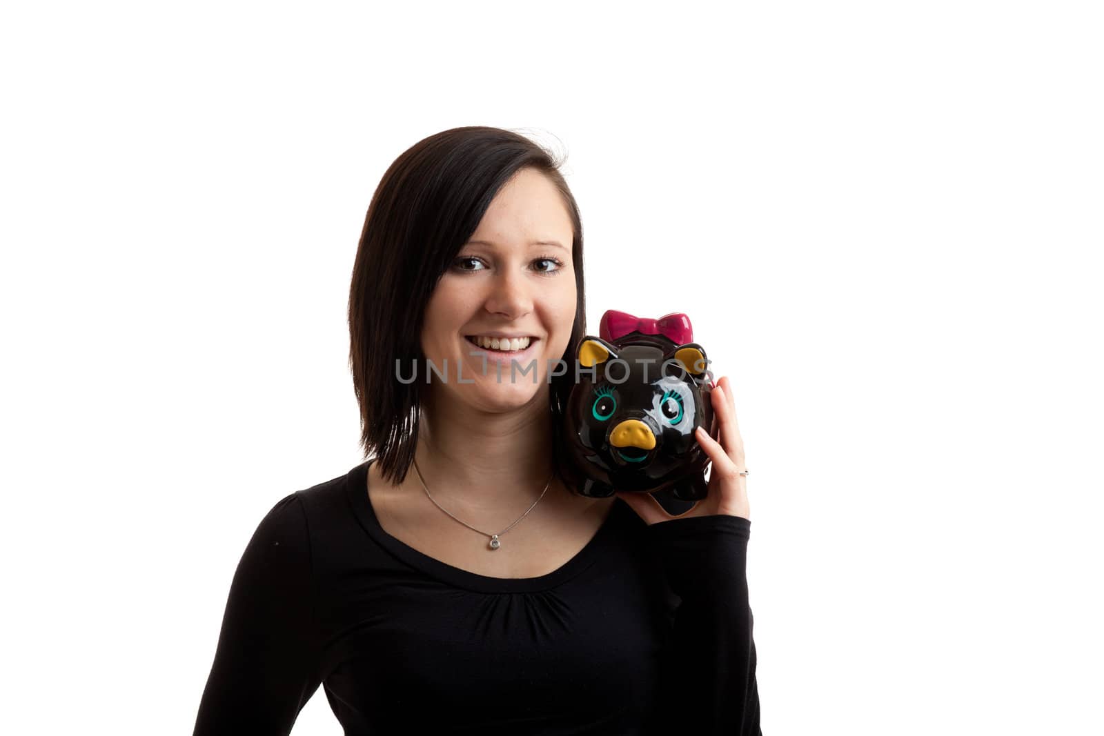 a young woman with a piggy bank on her shoulder isolated on white