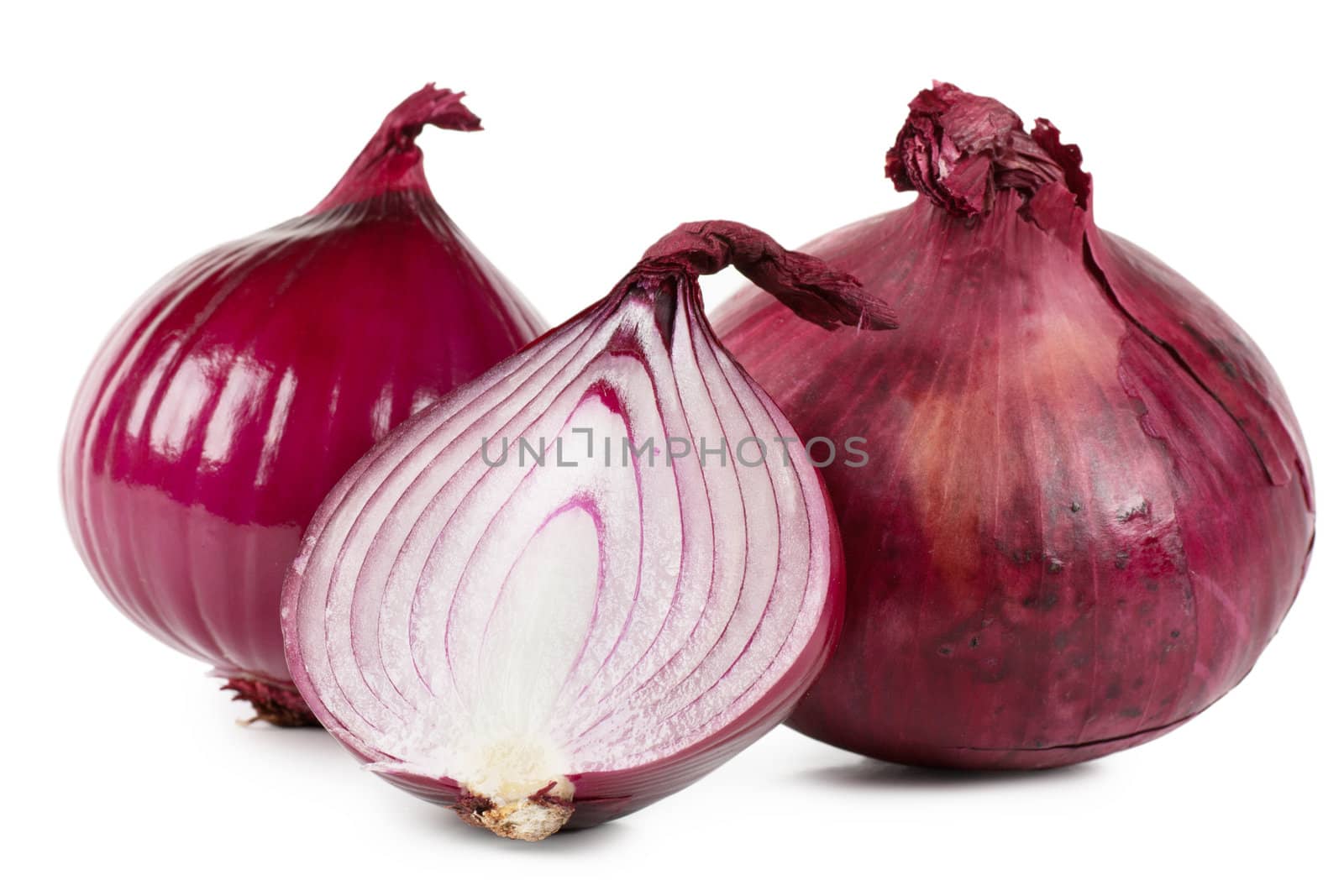 Red onions over white background