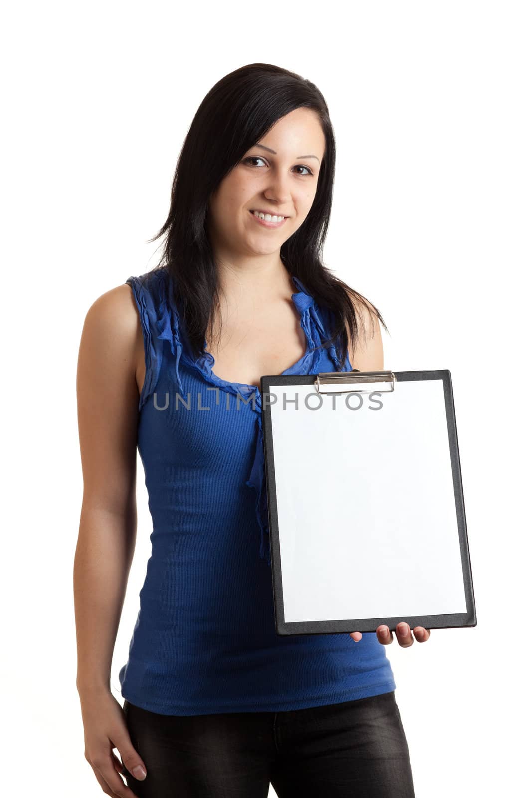 a young woman holding a clipboard with an empty sheet of paper isolated on white