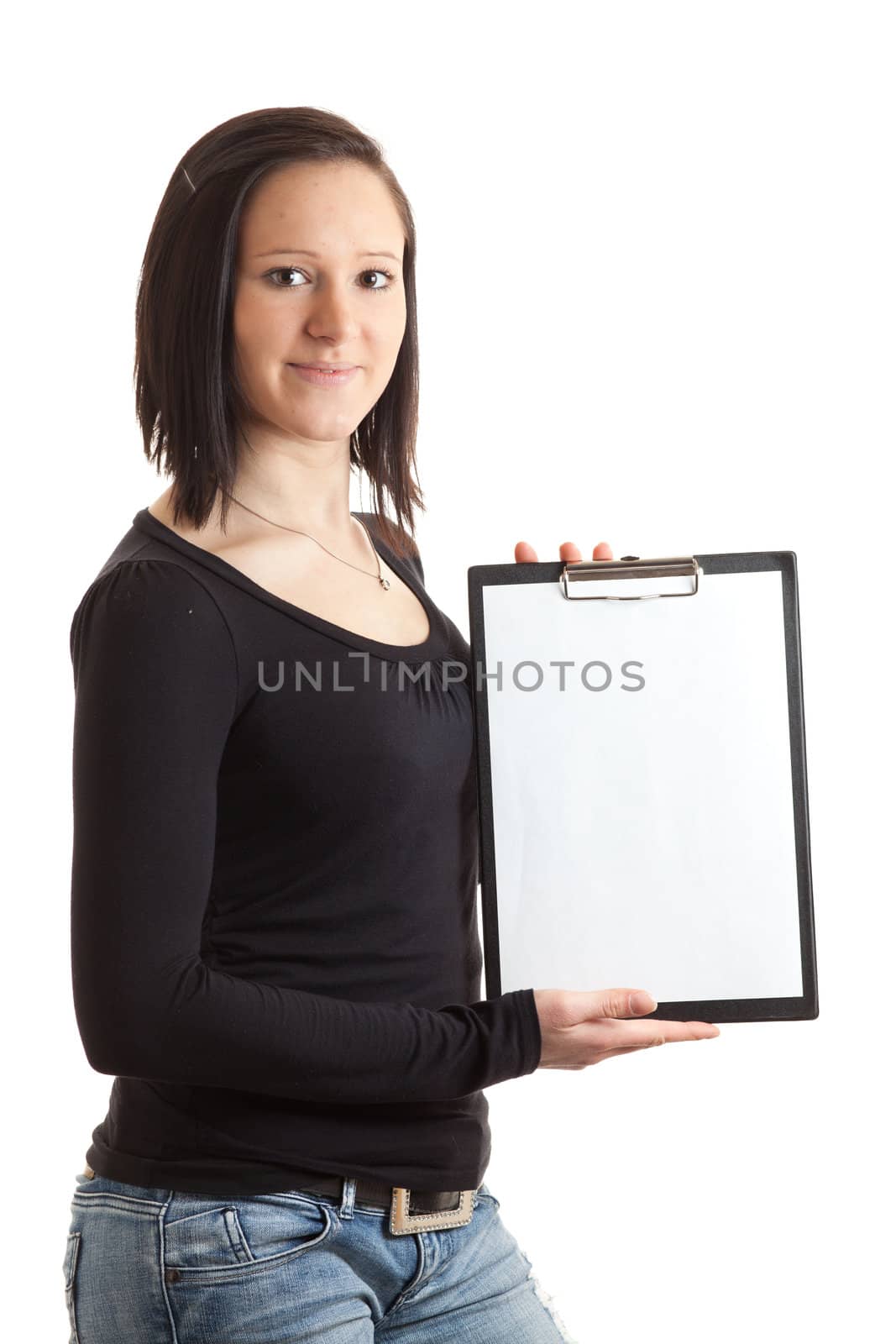 a young woman presenting a clipboard with an empty sheet of paper isolated on white