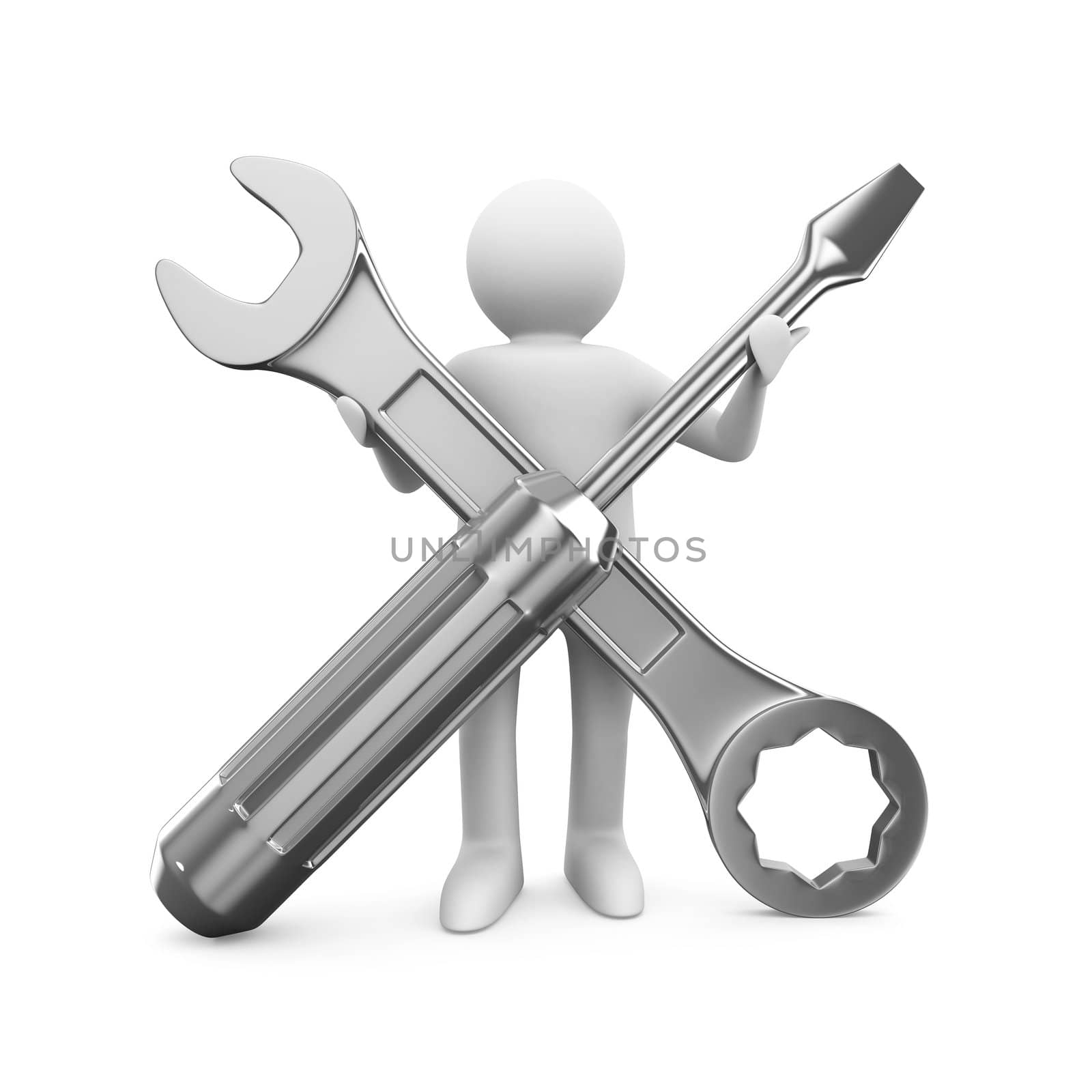 Man with wrench and screwdriver. Isolated 3D image