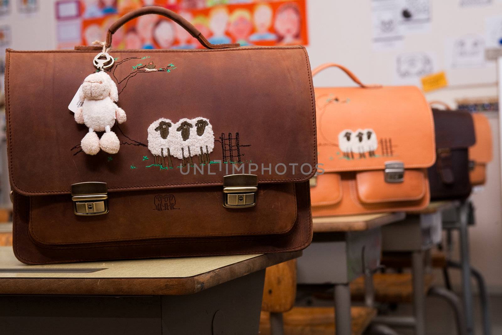 Differtentcolored old bags on the table