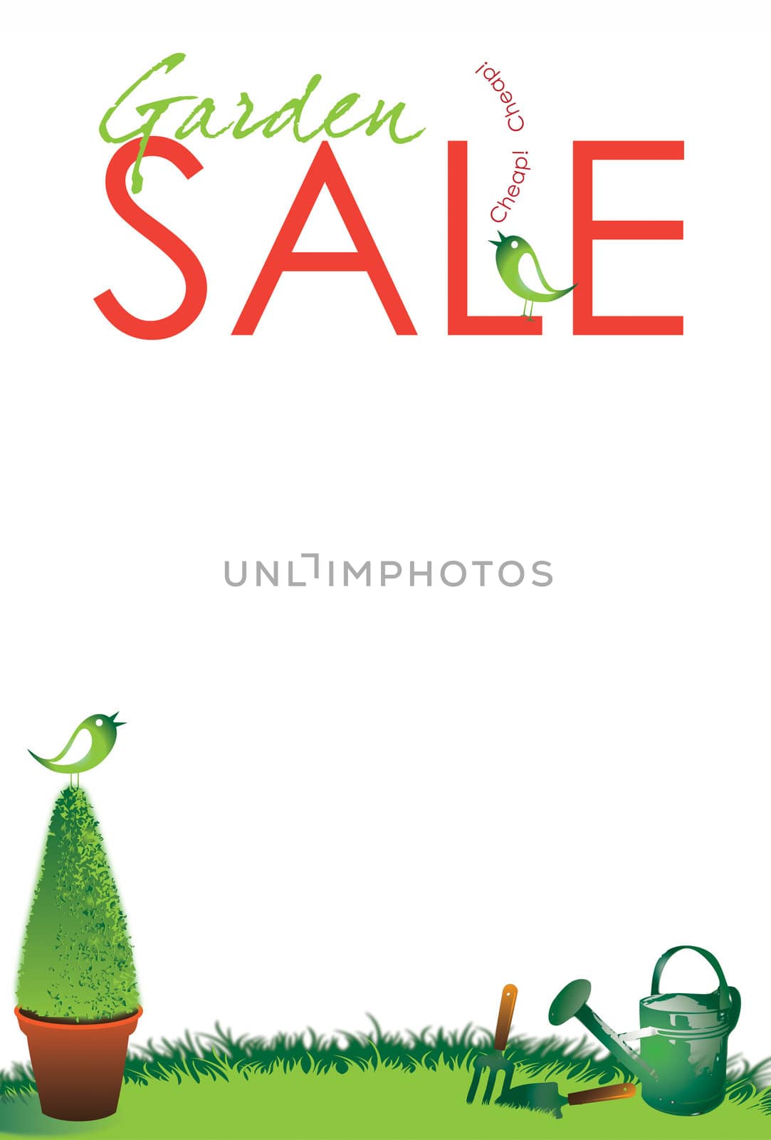 A portrait format garden sale themed poster set on an isolated white background with garden tools, grass and a topiary tree to the base of image.