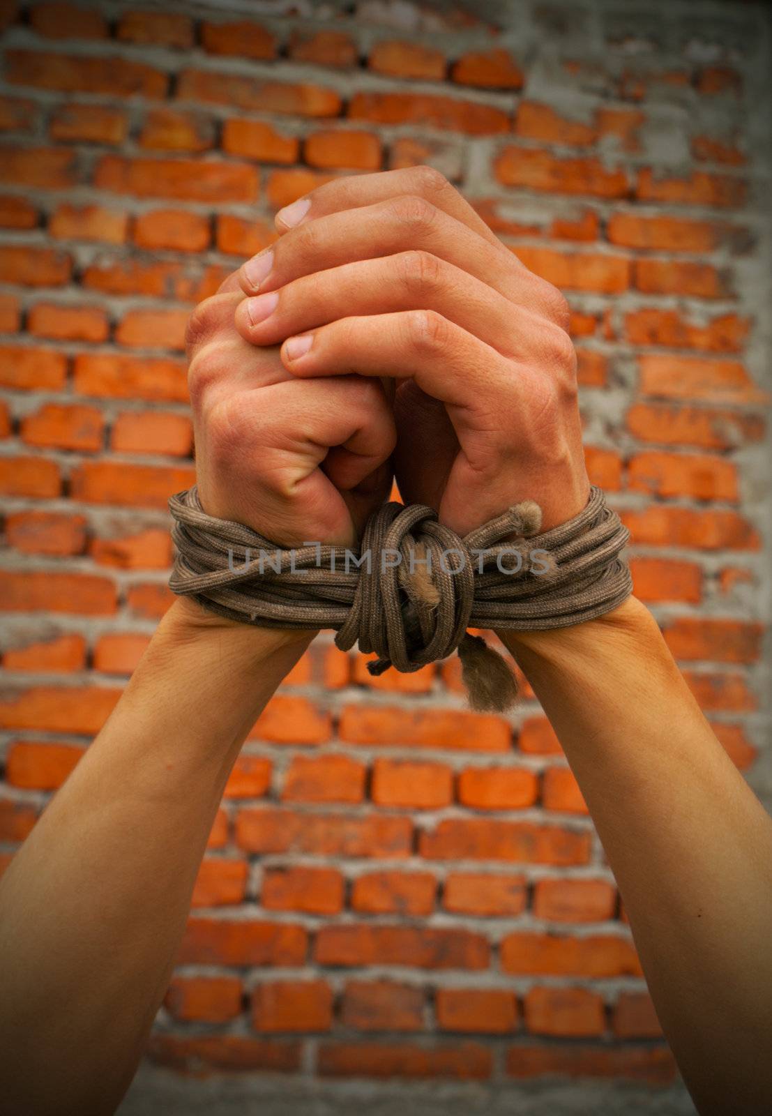 Hands tied up with rope against brick wall