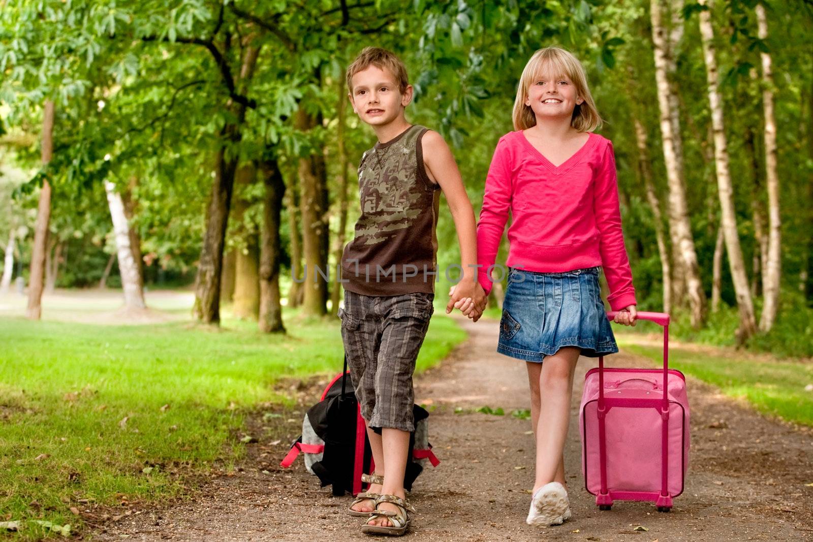 Brother and sister walking with therir suitcases by DNFStyle
