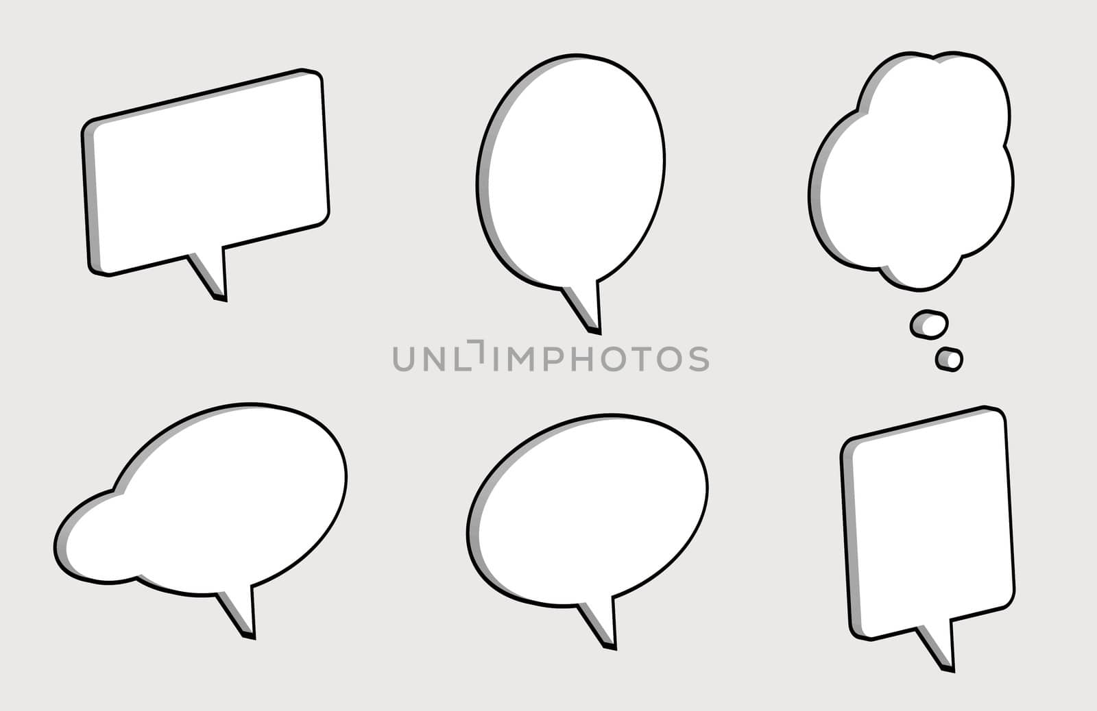 3D comic speech bubbles isolated on a light grey background
