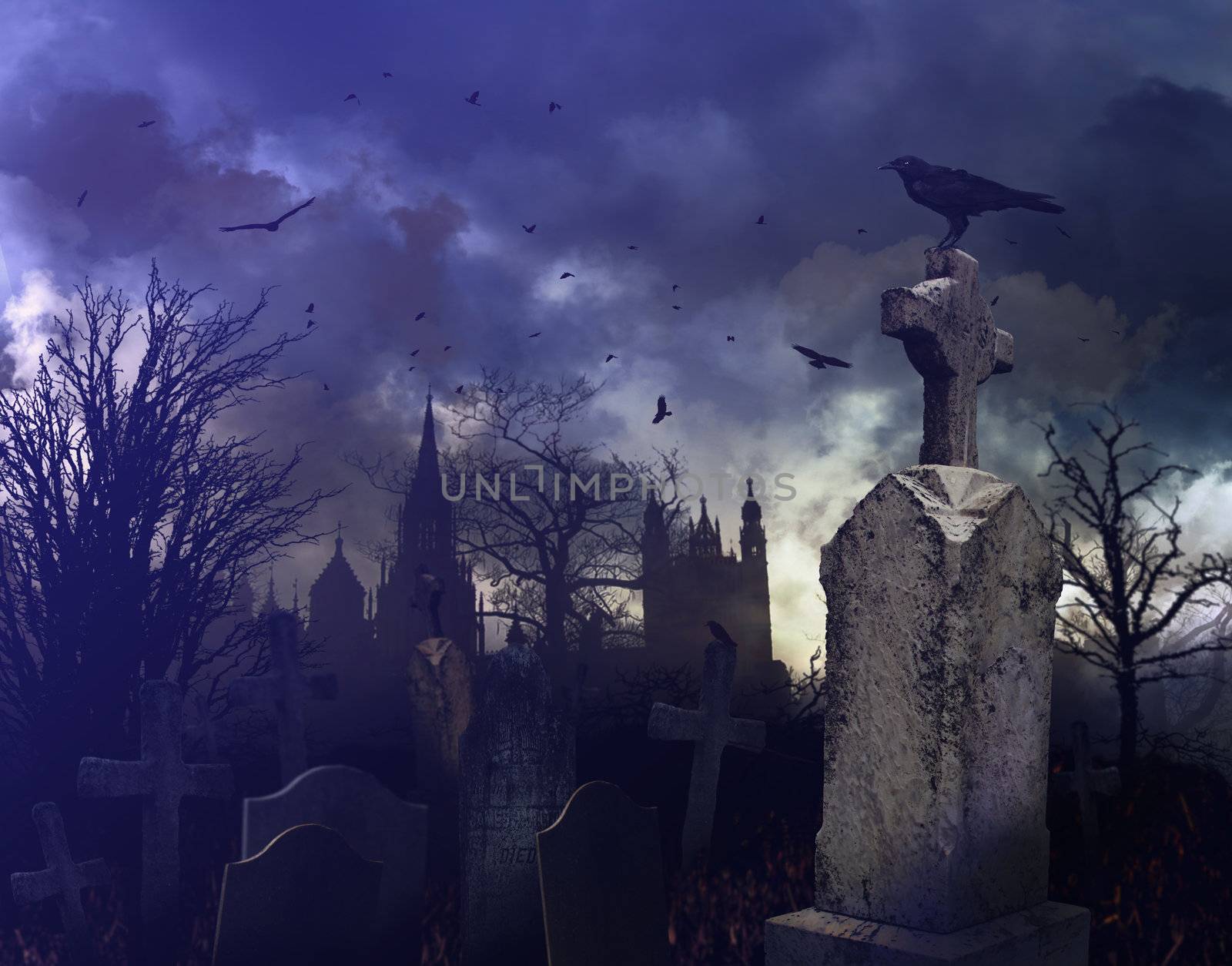 Halloween night scene in a spooky graveyard