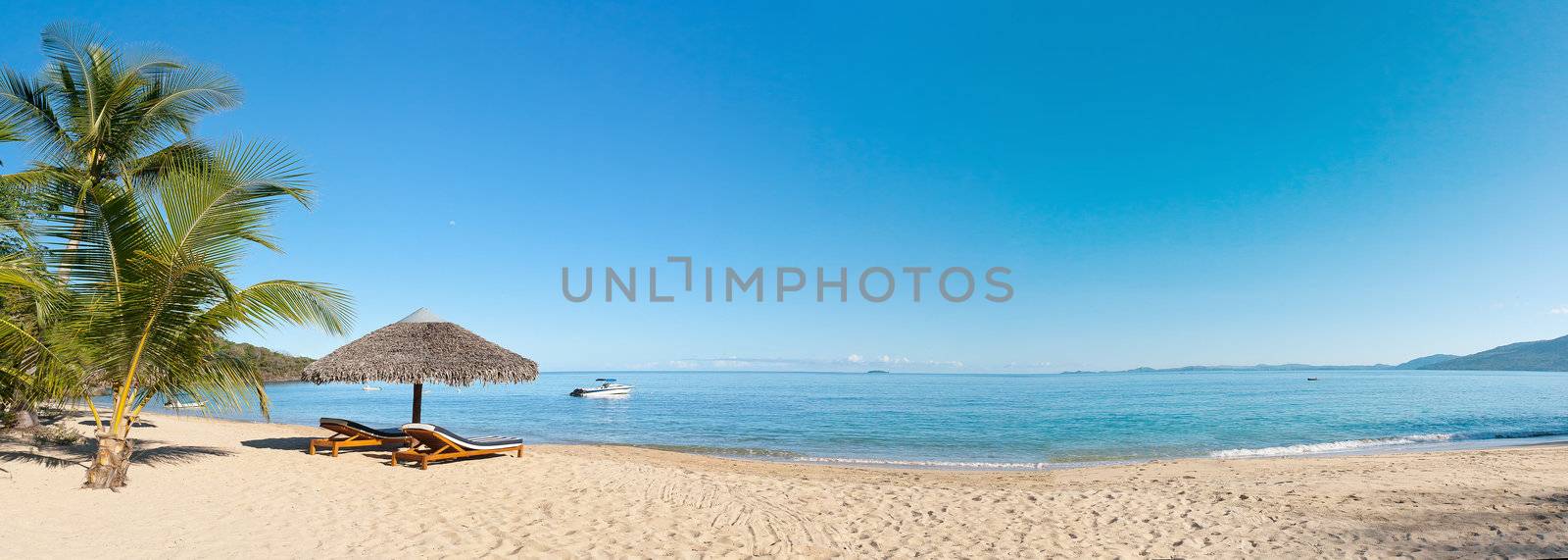 Tropical beach panorama with deckchairs, umbrellas, boats and palm tree