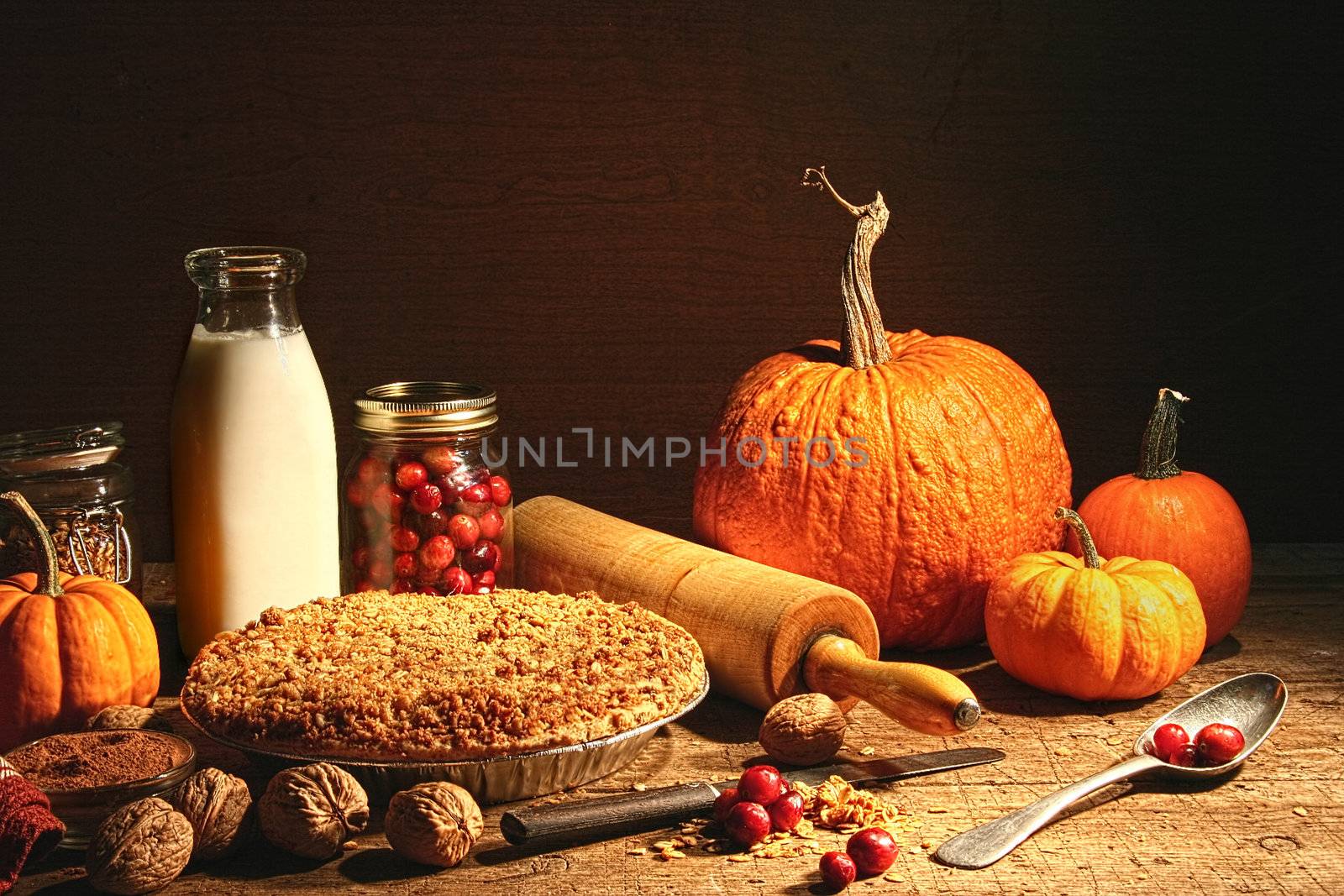 Still life of autumn fruits and and crumble pie by Sandralise