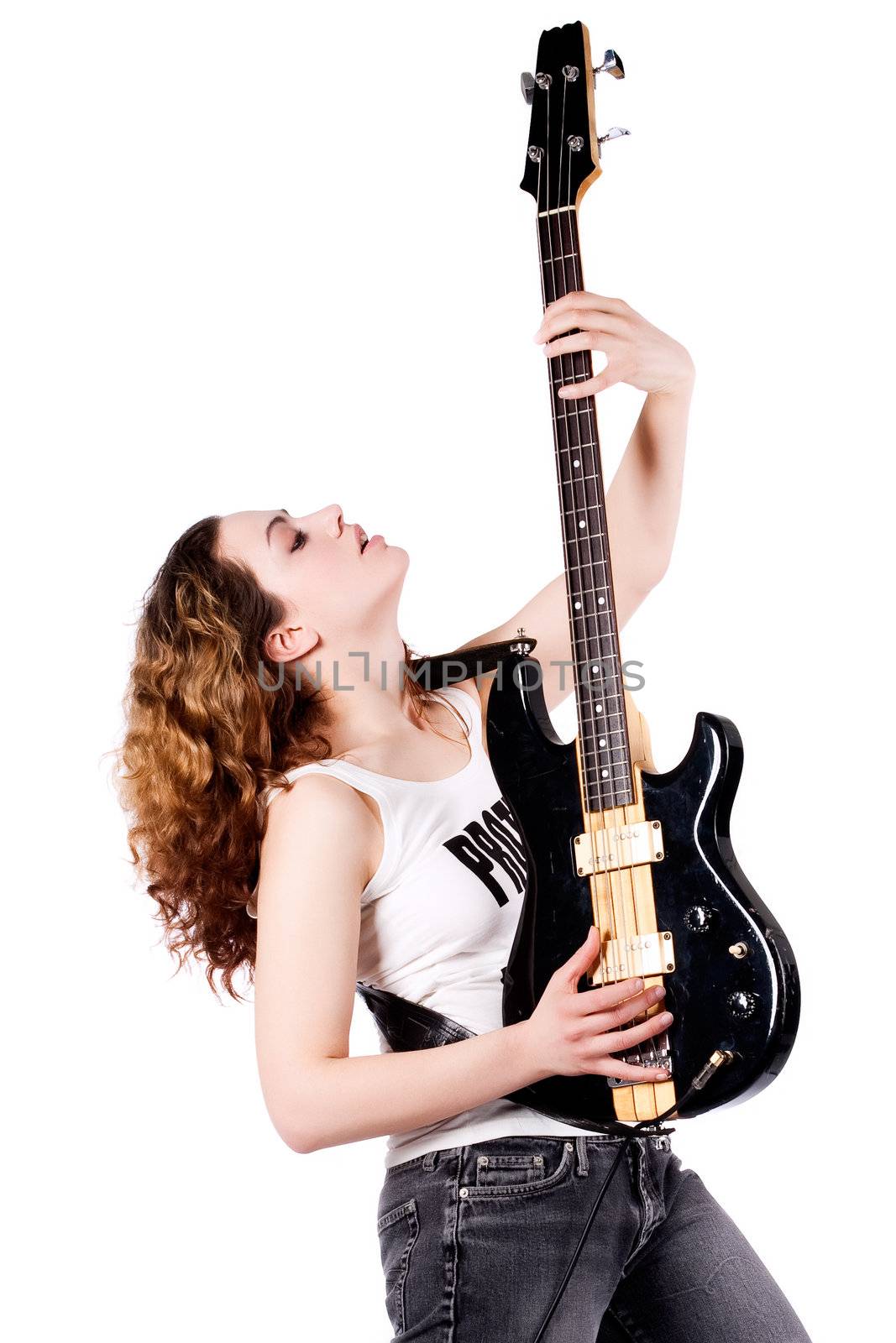 Young female bass guitar player specially isolated on white