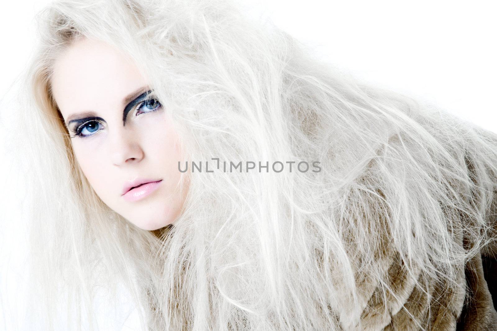 Model with white hair in a high fashion pose looking curious at the viewer.
Usable for health and beauty, cosmetics, love, hate and emotional issues.