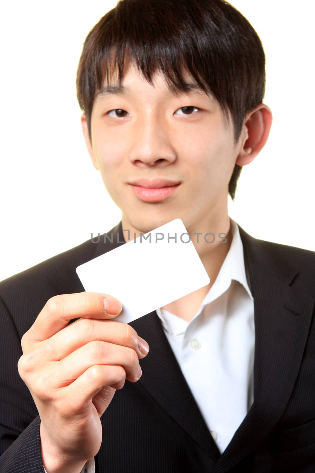 businessman with empty card in hand  by cozyta