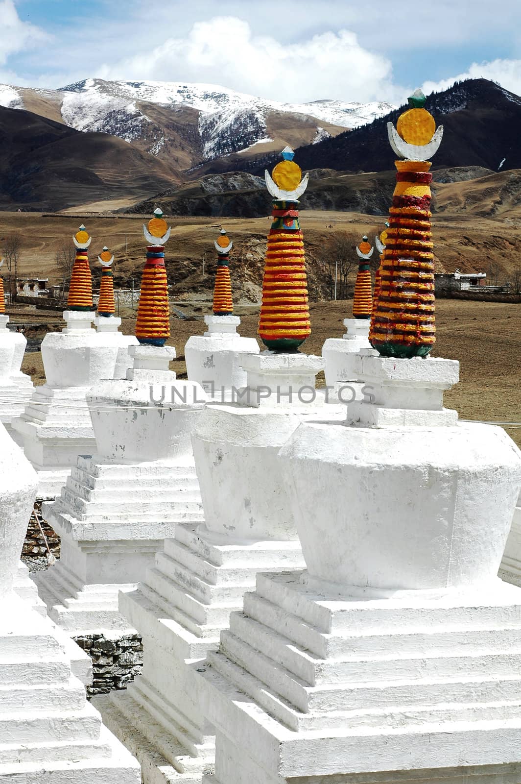 Group of white pagoda in a lamasery of west Sichuan,China
