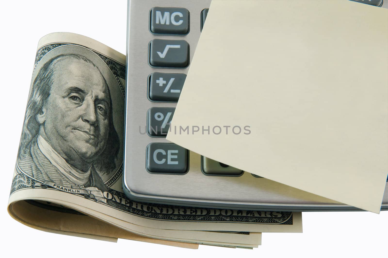 Calculator, money and blank sticker isolated. Business concept.