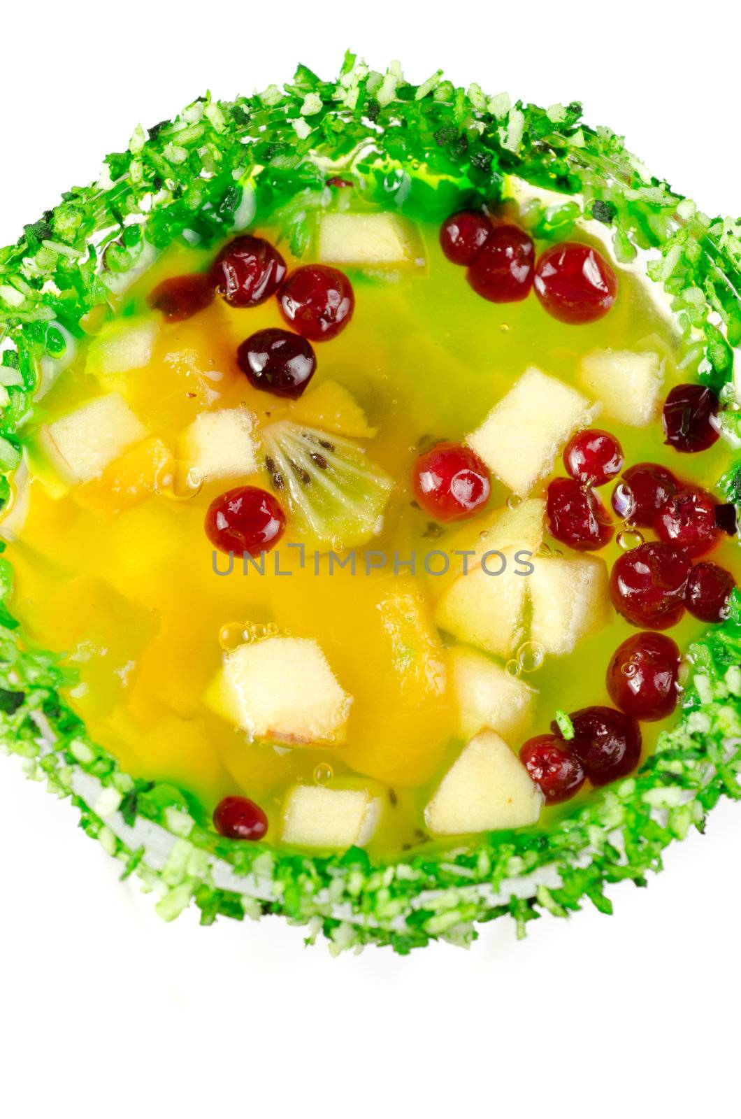 fruit jelly dessert with apple, kiwi, berry and orange