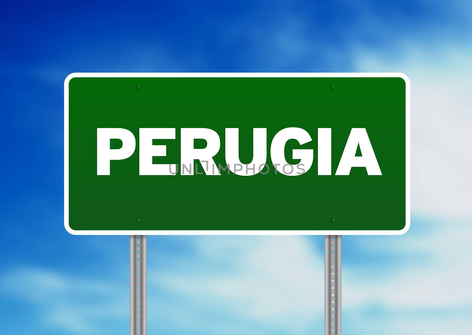Green Perugia, Italy road sign on Cloud Background. 