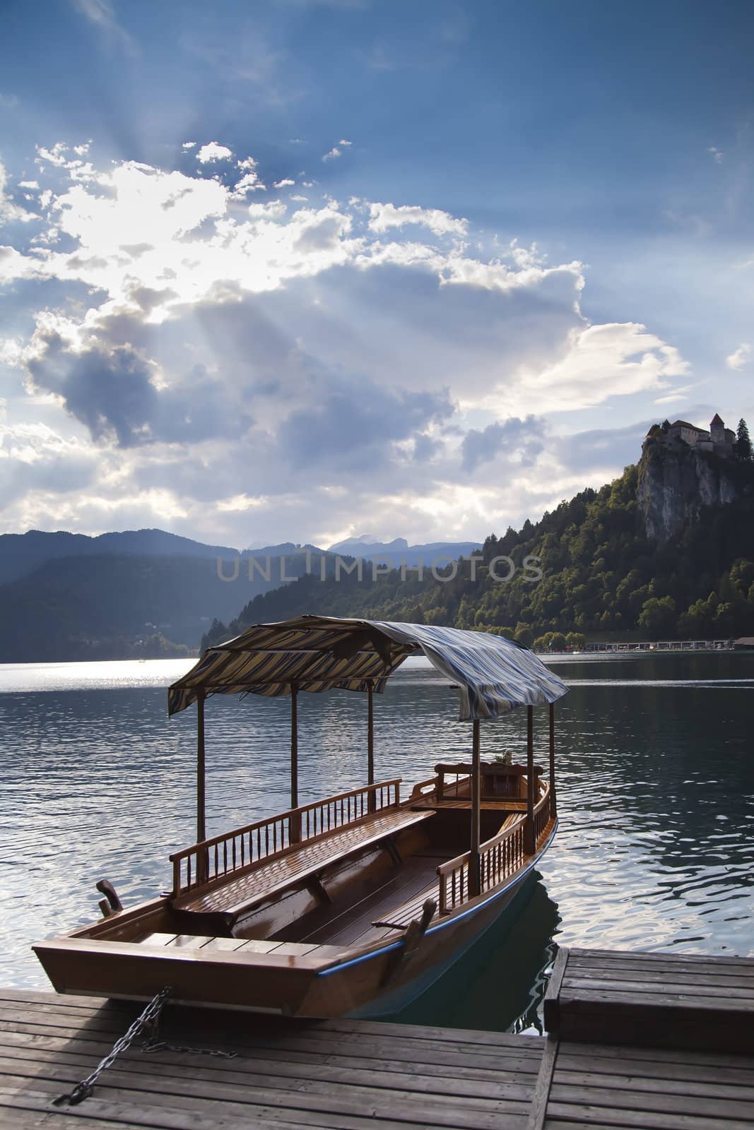 Boat on the Bled lake in Slovenia - one of the most beautiful regions of Julian Alps