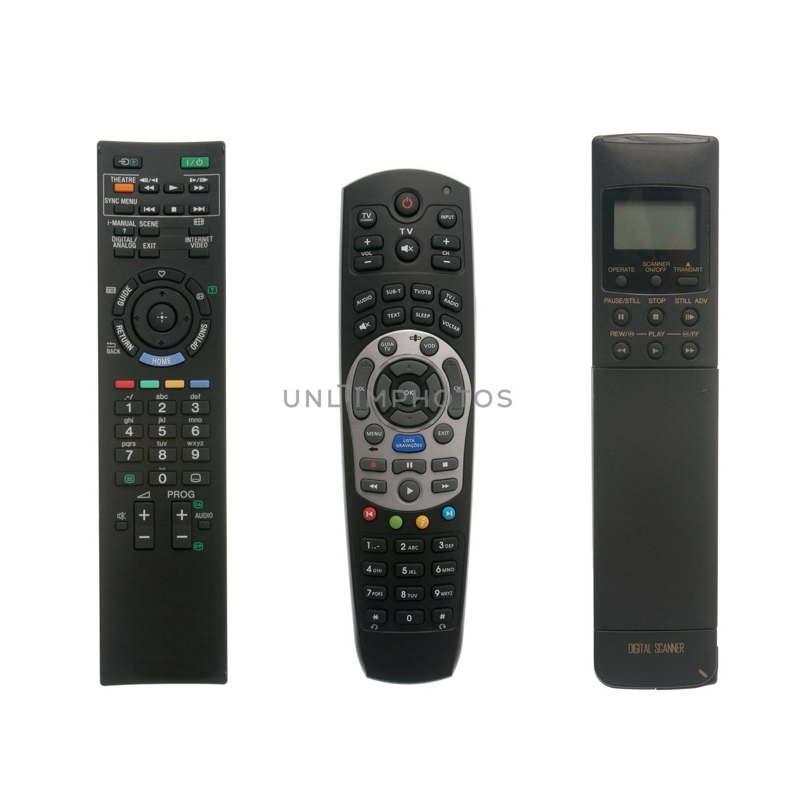 Three remote control devices isolated on white background.